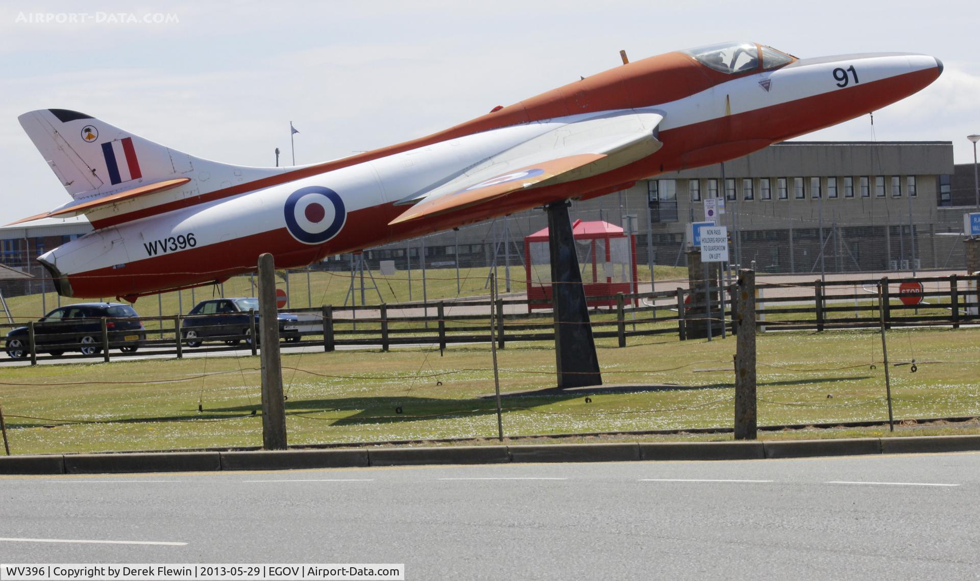 WV396, 1955 Hawker Hunter T.8C C/N 41H/670842, Gate Guard at RAF Valley, moved by road 26 Nov 1996, pole mounted March 1997.