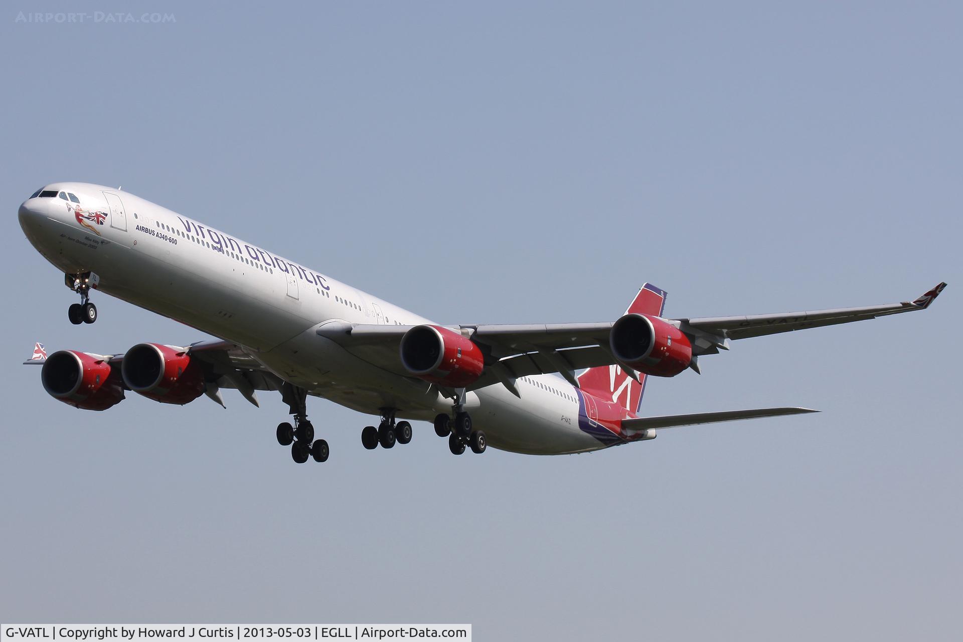G-VATL, 2001 Airbus A340-642 C/N 376, Virgin Atlantic, on approach to runway 27L.