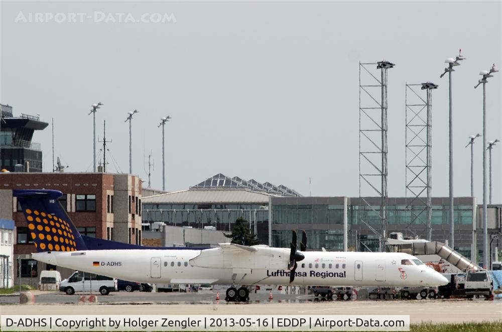 D-ADHS, 2001 De Havilland Canada DHC-8-402Q Dash 8 C/N 4044, Due to a pilot´s strike this aircraft is resting on apron 1 west....