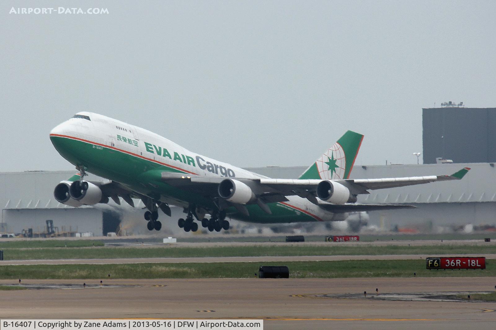 B-16407, 1995 Boeing 747-45E(BDSF) C/N 27899, EVA Air Cargo departing DFW airport