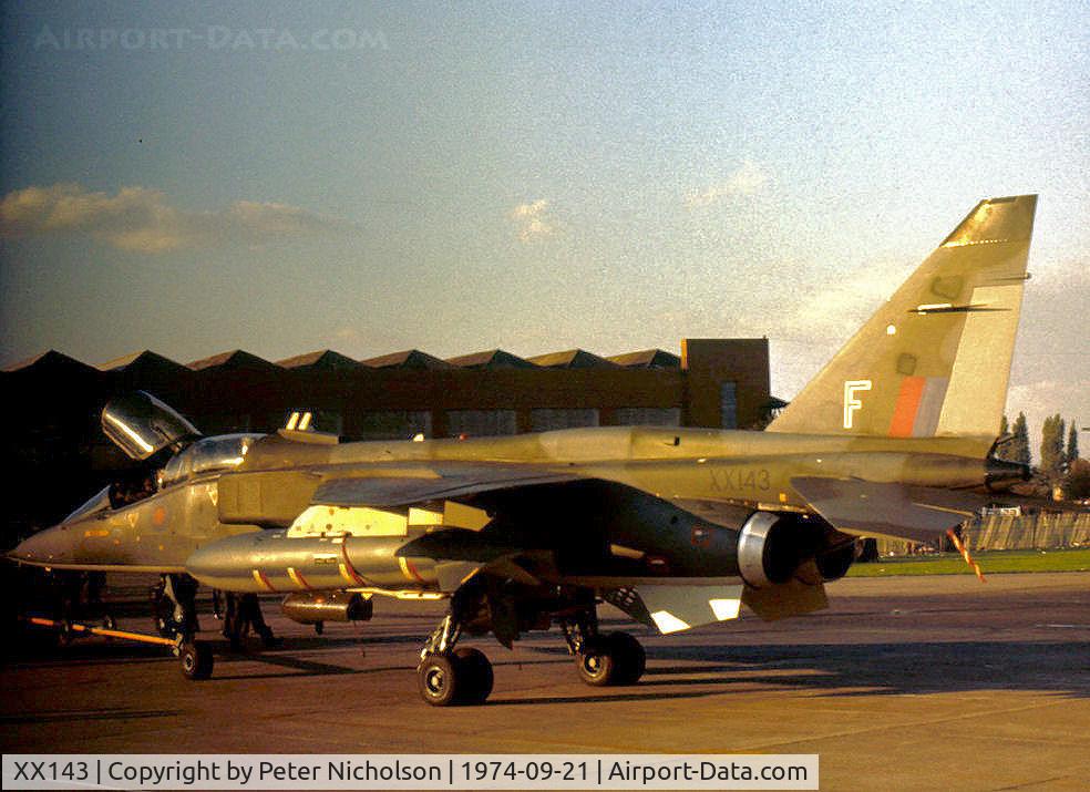 XX143, 1974 Sepecat Jaguar T.2 C/N B.8, Jaguar T.2 of 226 Operational Conversion Unit at RAF Lossiemouth on display at the 1974 RAF Finningley Airshow.