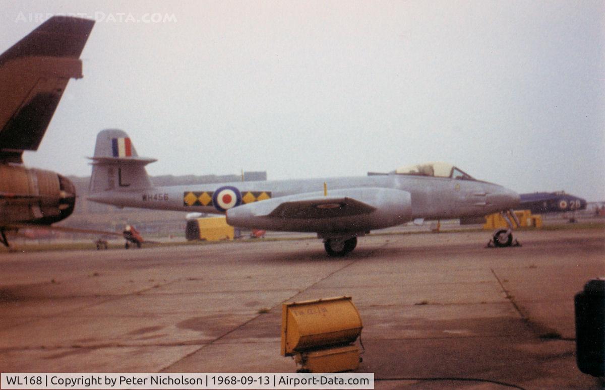 WL168, Gloster Meteor F.8 C/N Not found WL168, Gloster Meteor F.8 WL 168 as WH 456 of 616 Squadron on display at the 1968 RAF Finningley Airshow.