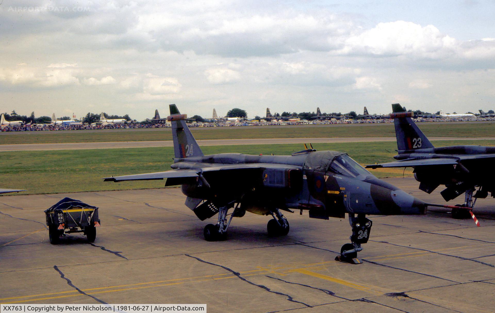 XX763, 1975 Sepecat Jaguar GR.1 C/N S.60, Jaguar GR.1 of 226 Operational Conversion Unit at RAF Lossiemouth on display at the flight-line of the 1981 RFAF Greenham Intnl Air Tattoo.