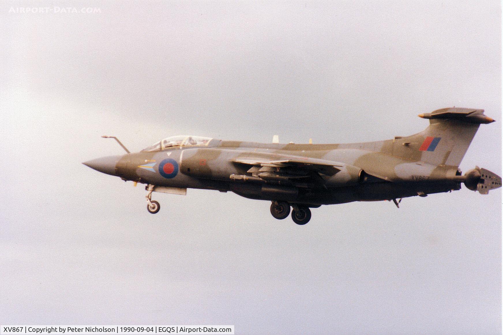 XV867, 1968 Hawker Siddeley Buccaneer S.2B C/N B3-16-69, Buccaneer S.2B of 208 Squadron on final approach to Runway 23 at RAF Lossiemouth in September 1990.