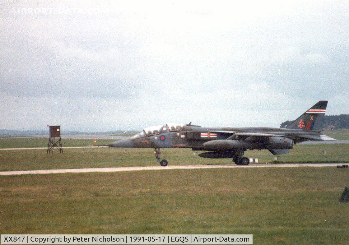 XX847, 1976 Sepecat Jaguar T.2A C/N B.35, Jaguar T.2A of 41 Squadron at RAF Coltishall taxying to the ramp at RAF Lossiemouth in the Summer of 1991.