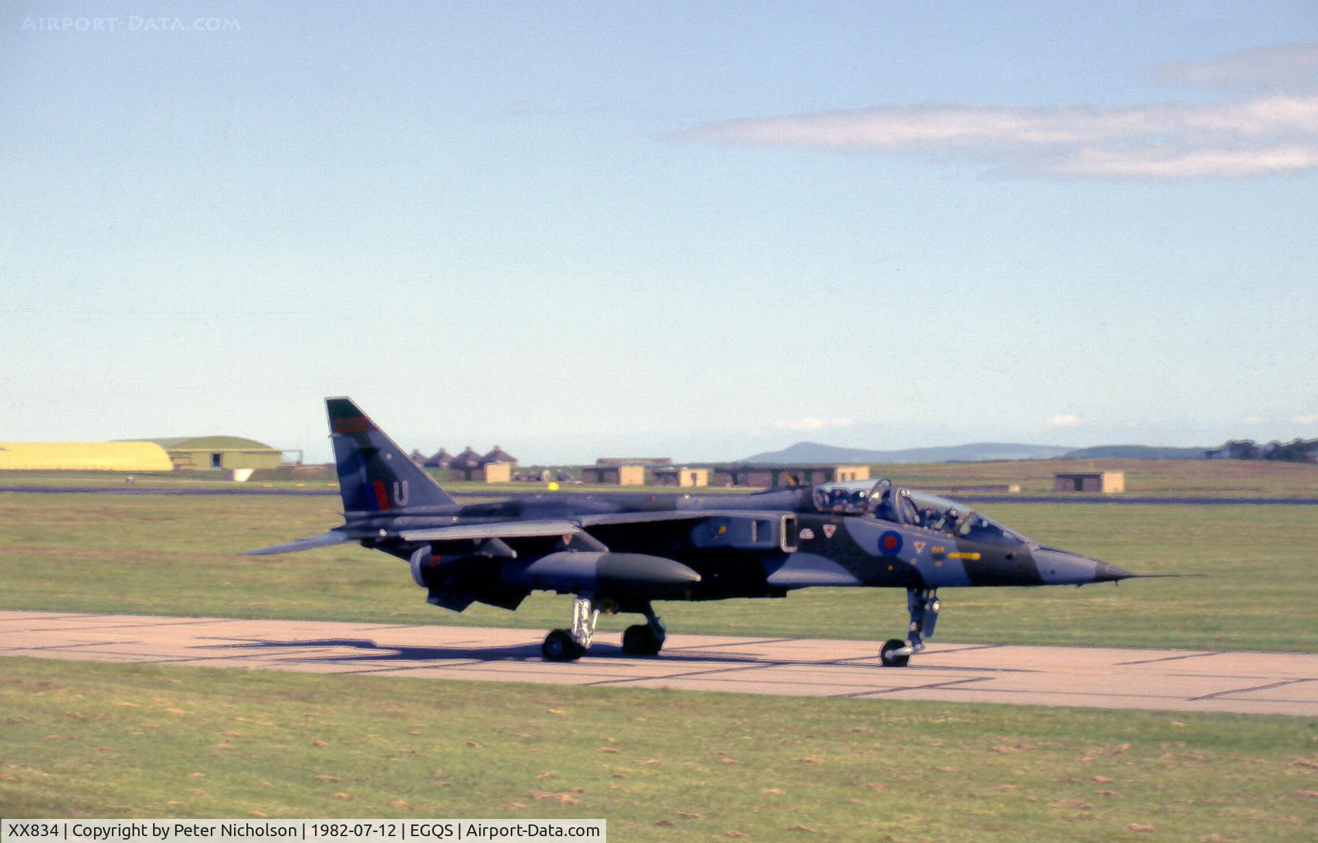 XX834, 1975 Sepecat Jaguar T.2 C/N B.22, Jaguar T.2 of 226 Operational Conversion Unit taxying to Runway 23 at RAF Lossiemouth in the Summer of 1982.