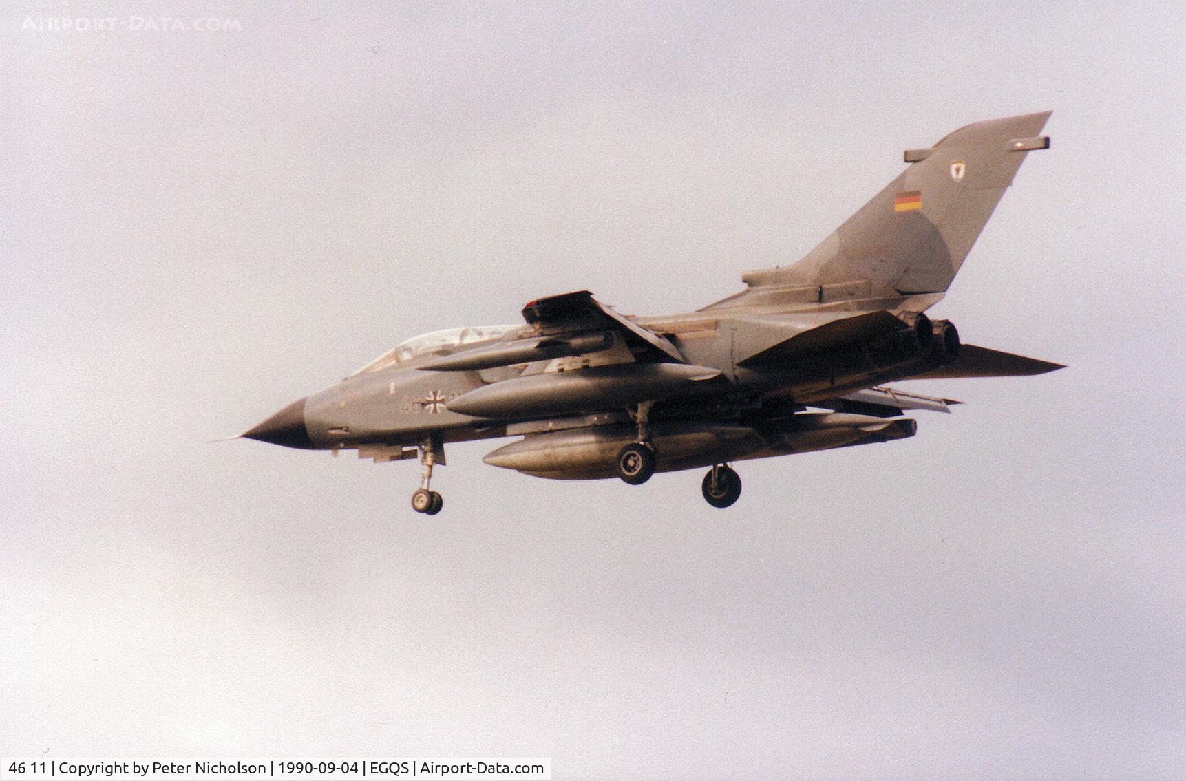 46 11, Panavia Tornado IDS C/N 769/GS244/4311, Tornado IDS of German Marineflieger MFG-1 on finals to Runway 23 at RAF Lossiemouth in the Summer of 1990.