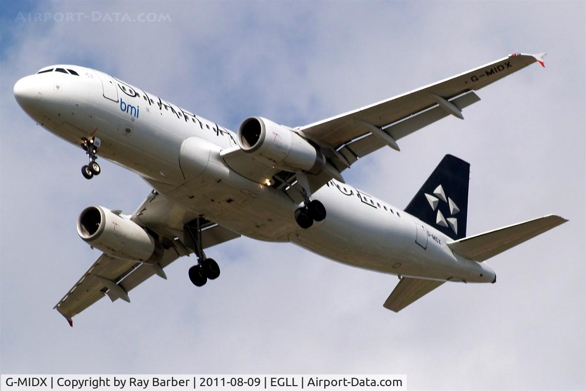 G-MIDX, 2000 Airbus A320-232 C/N 1177, Airbus A320-232 [1177] (bmi British Midland) Home~G 09/08/2011. On approach 27R new Star Alliance scheme.