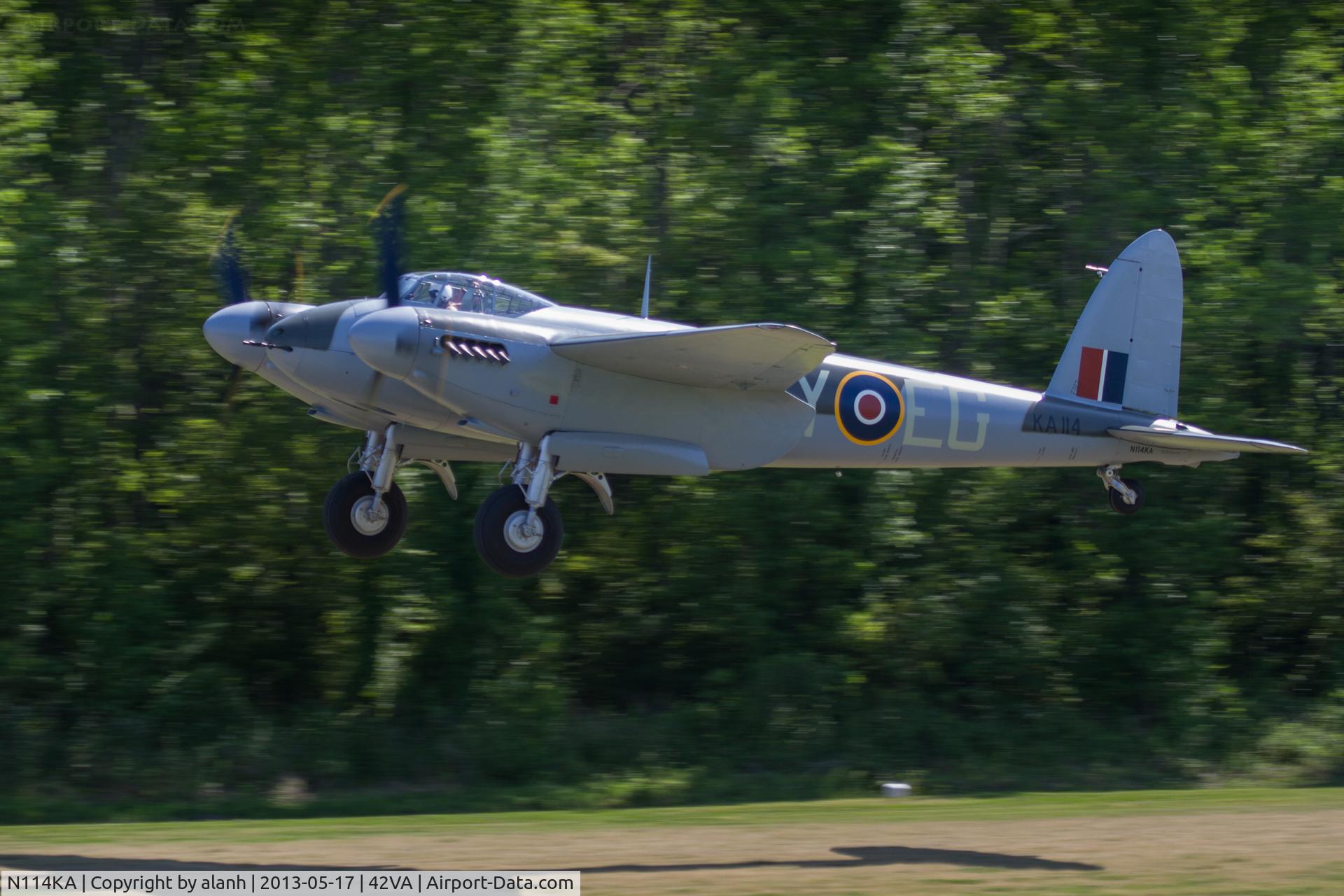 N114KA, 1945 De Havilland Mosquito FB.26 C/N KA114, Recently restored De Havilland DH98 Mosquito FB.26 KA114 taking off from the strip at the Military Aviation Museum, Virginia Beach. First flown in the US on May 7th 2013, the photo was taken ten days later, just before the Warbirds Over the Beach display.