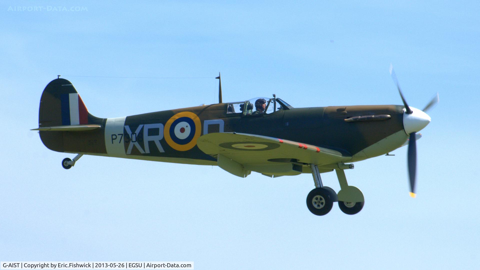 G-AIST, 1941 Supermarine 300 Spitfire Mk1A C/N WASP/20/2, 42. AR213 now in the guise of P7308 as a member of the Eagle Squadron at the IWM Spring Airshow, May 2013. (P7308 coded XR-D, was flown from RAF North Weald by Pilot Officer William R. Dunn of 71 'Eagle' Squadron, RAF Volunteer Reserve.)