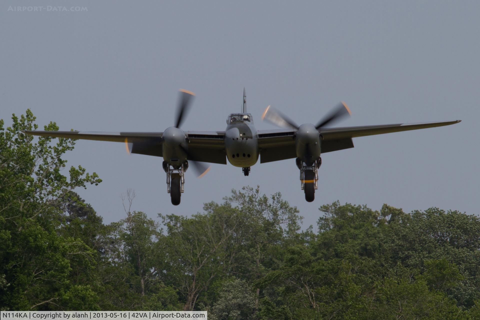 N114KA, 1945 De Havilland Mosquito FB.26 C/N KA114, On short finals over the road after an air to air photo sortie