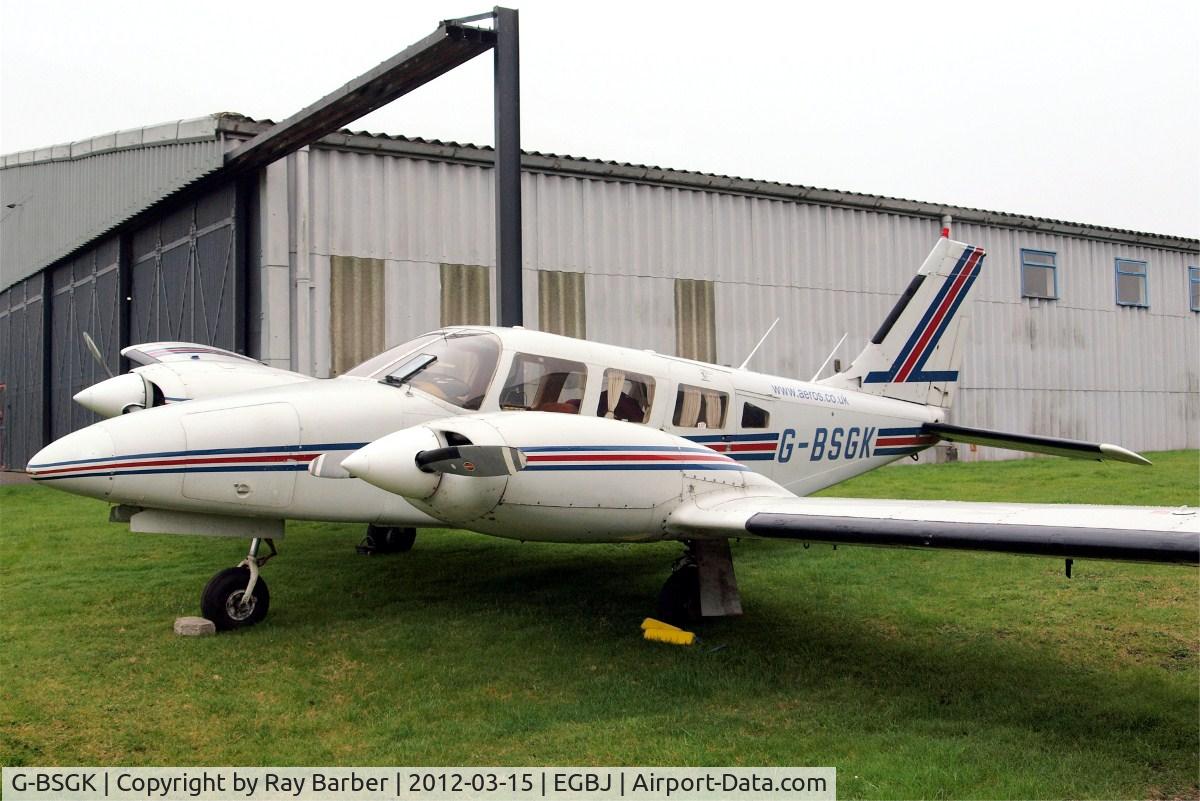 G-BSGK, 1978 Piper PA-34-200T Seneca II C/N 34-7870331, Piper PA-34-200T Seneca II [34-7870331] Staverton~G 15/03/2012. Seen here on uneven ground has since been cancelled by the CAA in December 2012.