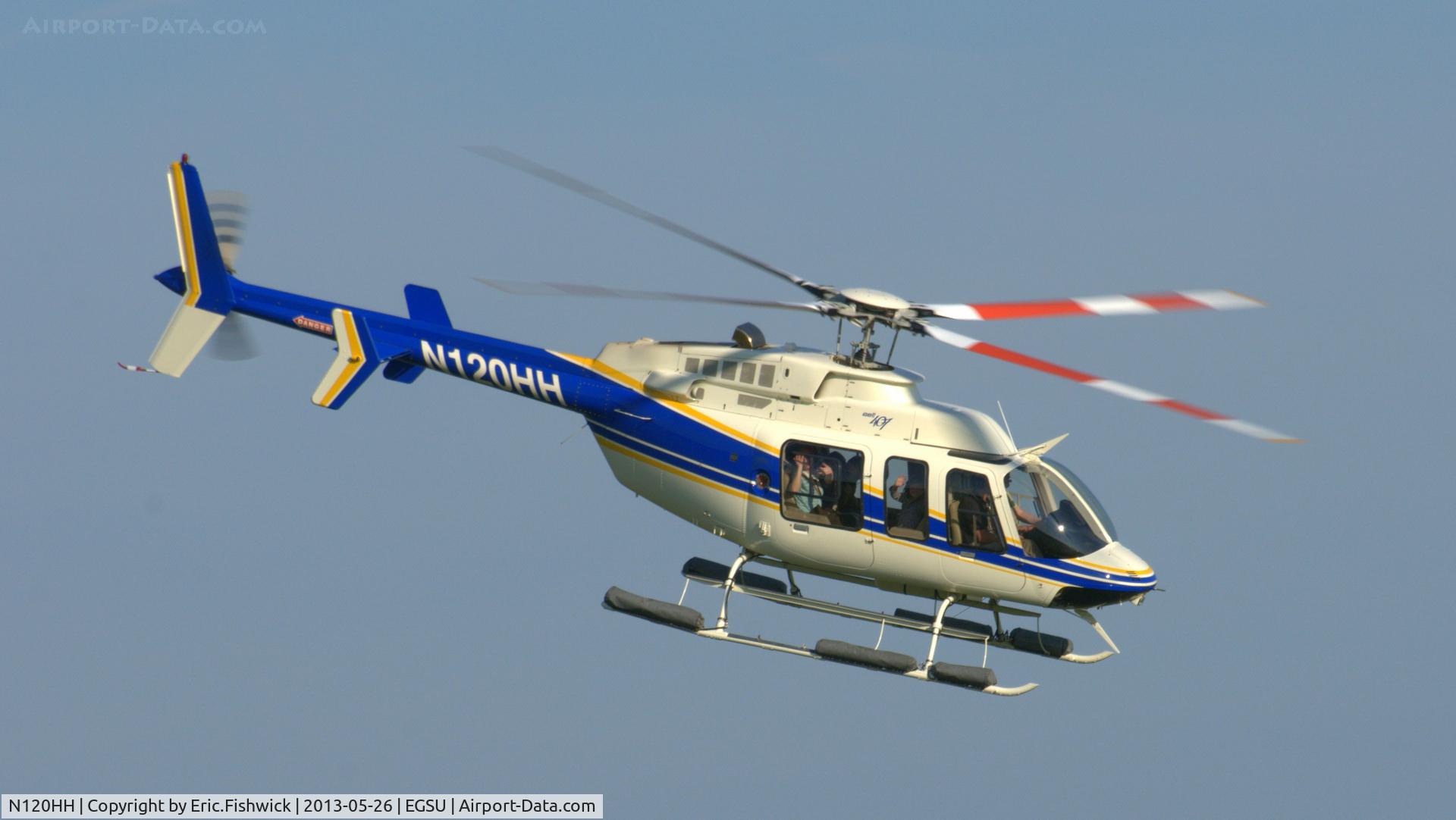 N120HH, 2005 Bell 407 C/N 53661, 45. N120HH departing the IWM Spring Airshow, May 2013.
