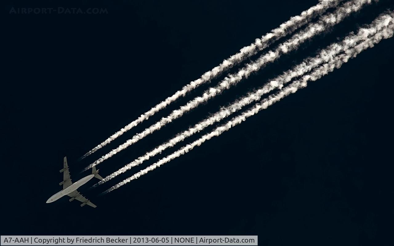 A7-AAH, 2003 Airbus A340-313X C/N 528, high above ELLX