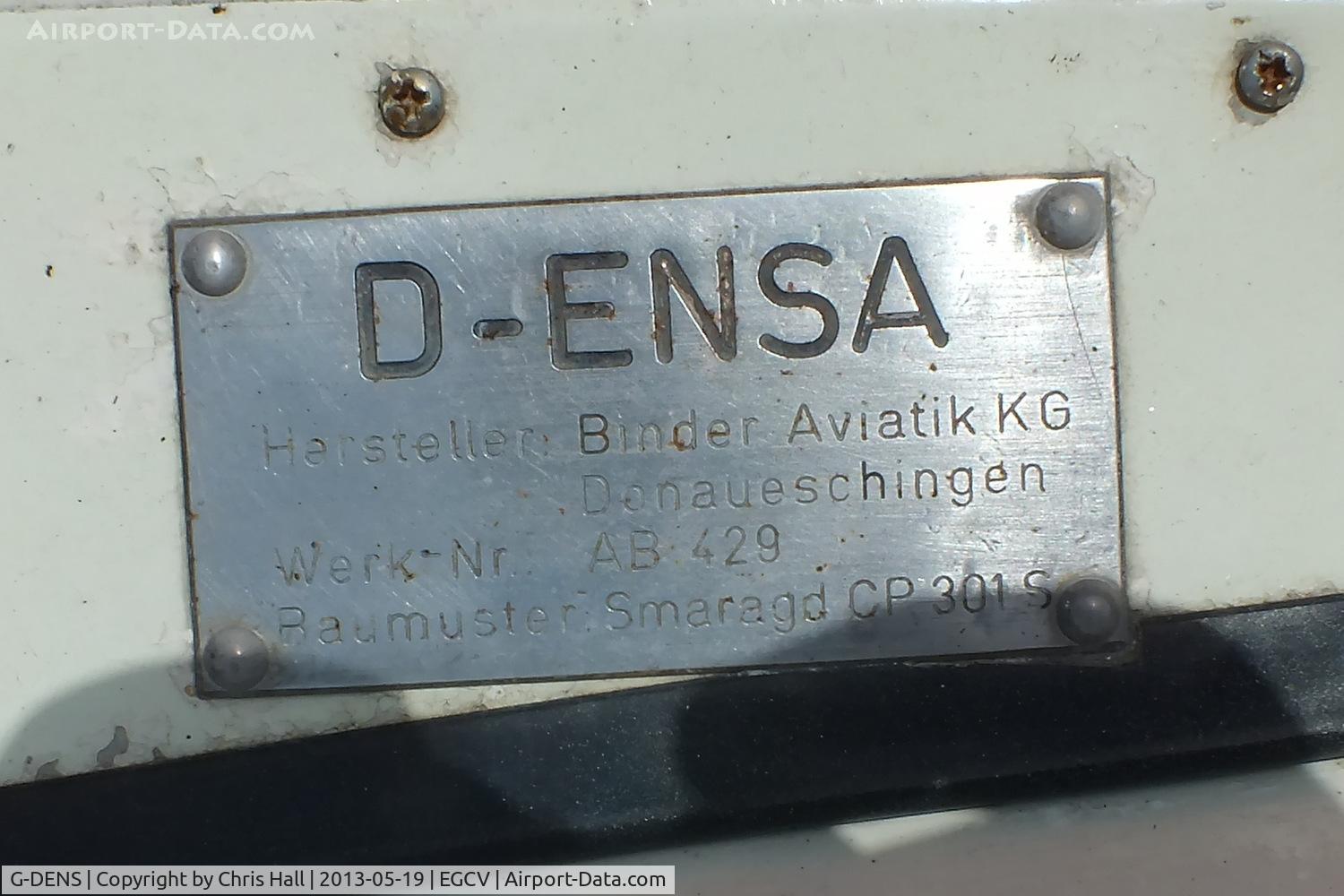 G-DENS, 1963 Binder CP-301S Smaragd C/N 121, The original manufactuers plate on G-DENS with its former German reg number D-ENSA