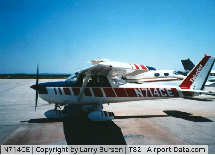 N714CE, Cessna 150M C/N 15079067, N714CE on the ramp at Fredericksburg, TX (T82) in 1997. The craft was a rental out of Denton, TX (DTO). It was totaled after flipping on the DTO ramp in a wind gust. Only the wings had been secured by ground personnel. It was a pleasure to fly.