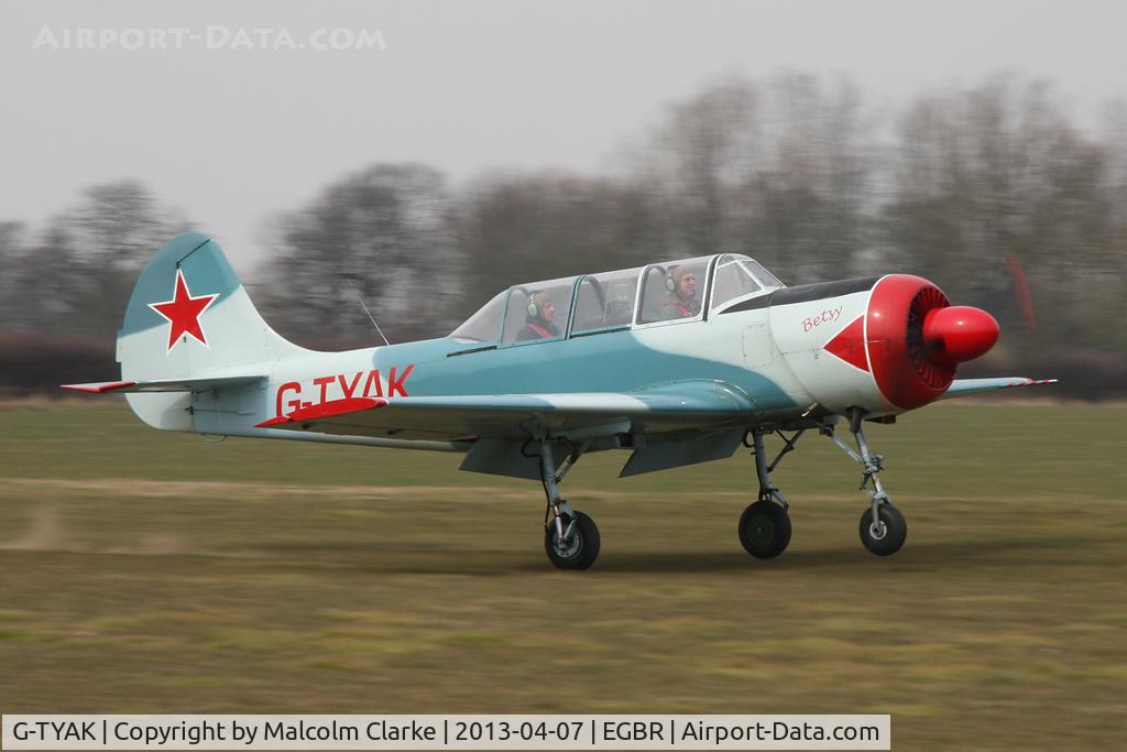 G-TYAK, 1989 Bacau Yak-52 C/N 899907, Bacau Yak-52 at The Real Aeroplane Club's Spring Fly-In, Breighton Airfield, April 2013.