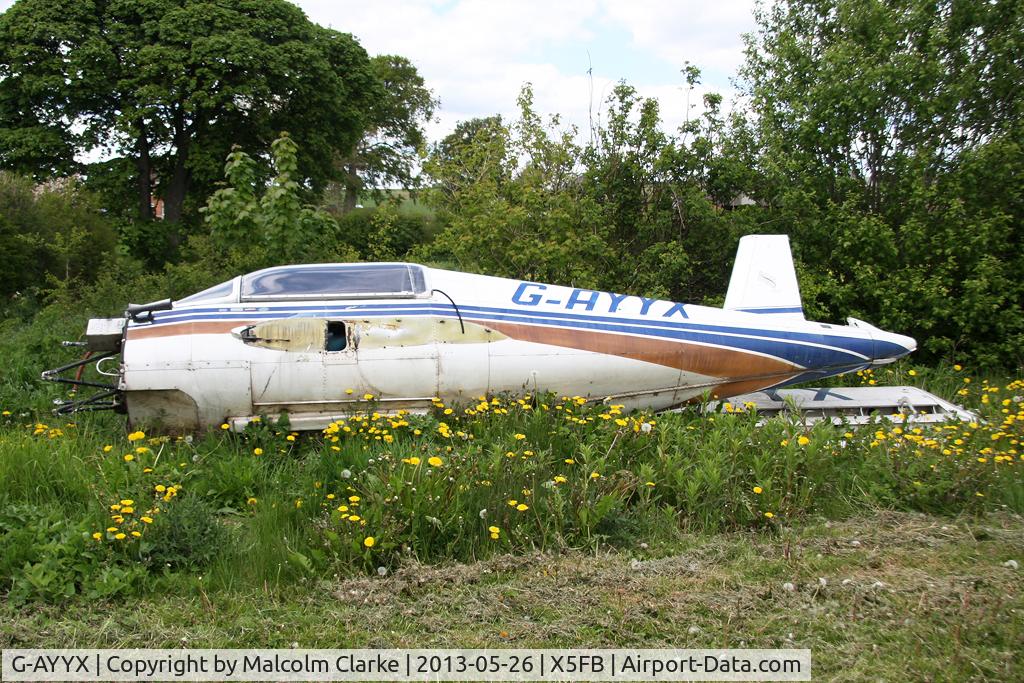 G-AYYX, 1971 Socata MS-880B Rallye Club C/N 1812, 'De-winged' and awaiting the scrap man! Socata MS-880B Rallye Club, Fishburn Airfield, May 2013.
