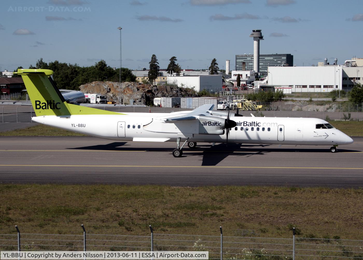 YL-BBU, 2013 Bombardier DHC-8-402Q Dash 8 Dash 8 C/N 4439, Taxiing to terminal 5 after landing on runway 01R.