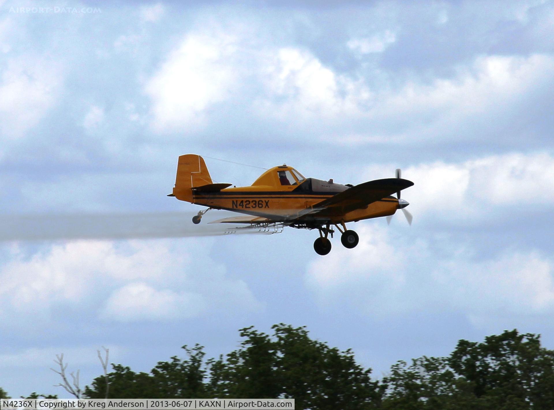 N4236X, 1974 Rockwell International S-2R Turbo Thrush Commander C/N 2007R, Rockwell S-2R Thrush spraying for tentworms just off the end of runway 13.