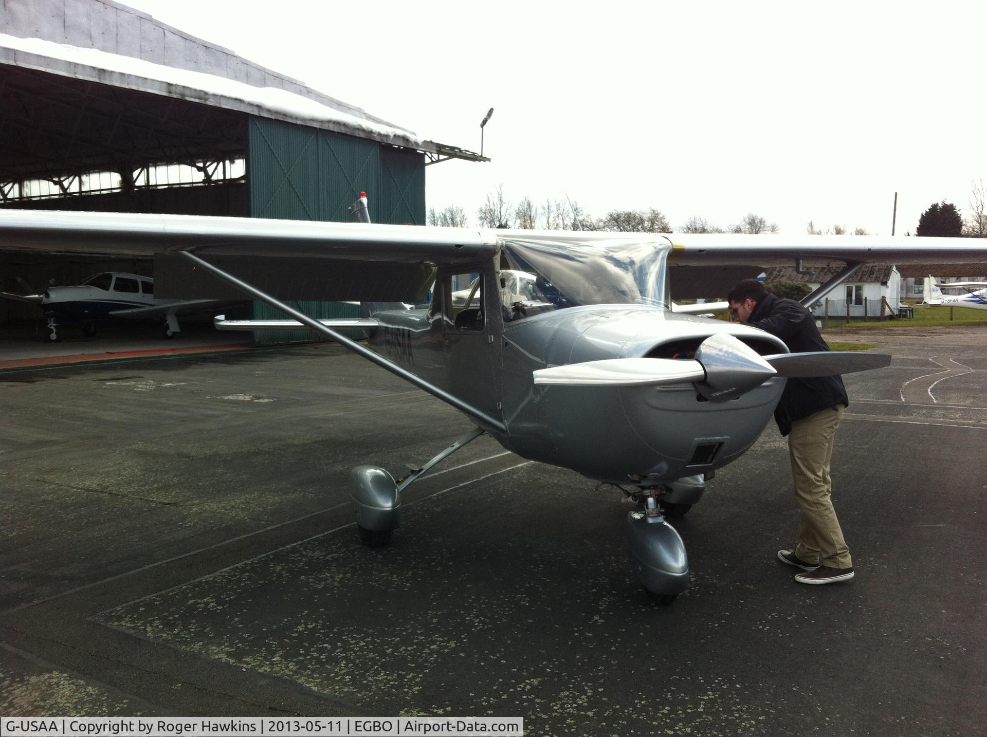 G-USAA, 1967 Reims Cessna F150G C/N 0188, My Cessna F150G at EGBO (Halfpenny Green airfield, May 2013)
Now owned by Roger Hawkins
The previous nose decals and other fuselage markings have been removed, and the cowling has been re-sprayed.