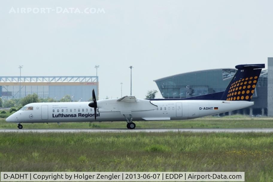 D-ADHT, 2009 De Havilland Canada DHC-8-400Q Dash 8 C/N 4281, MUC shuttle is roaring along rwy 08L .....