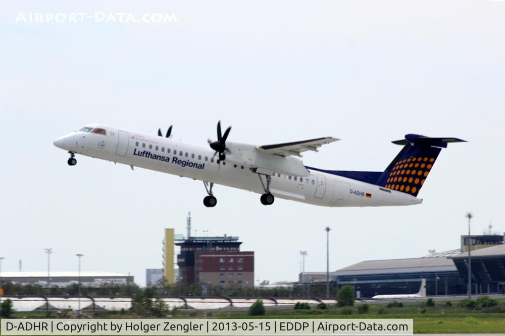 D-ADHR, 2001 De Havilland Canada DHC-8-402Q Dash 8 C/N 4041, MUC shuttle is leaving LEJ via rwy 08L....