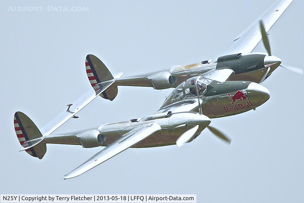 N25Y, 1944 Lockheed P-38L-5LO Lightning C/N AF44-53254, At 2013 Airshow at La Ferte Alais , Paris , France
