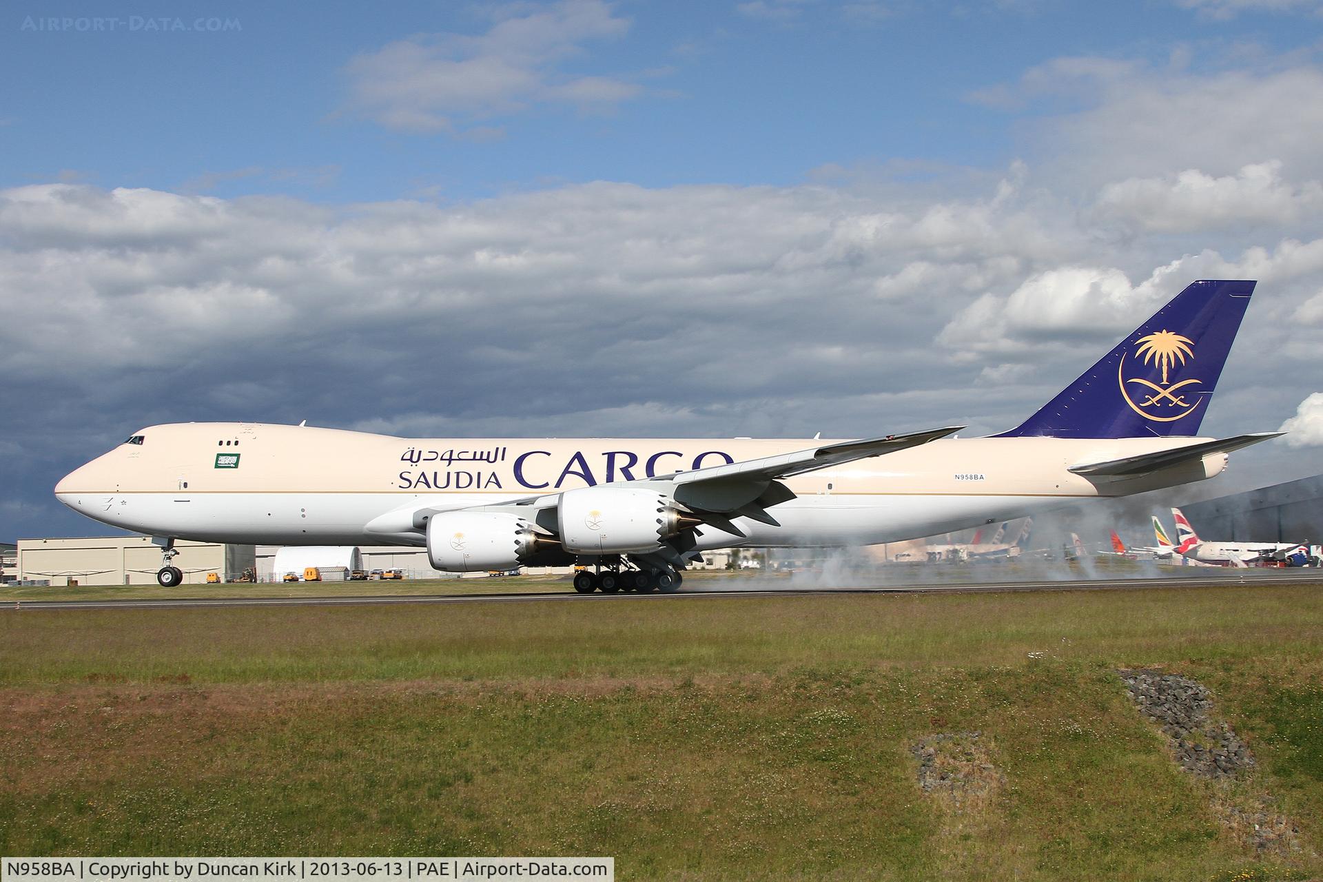 N958BA, 2013 Boeing 747-87UF C/N 37563, Landing after a test flight wearing registration N958BA