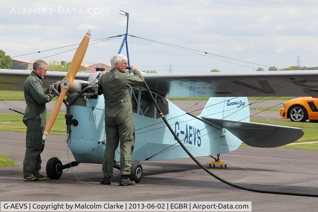 G-AEVS, 1937 Aeronca 100 C/N AB114, Aeronca 100 at the pumps. The Real Aeroplane Club's Jolly June Jaunt, Breighton Airfield, 2013.