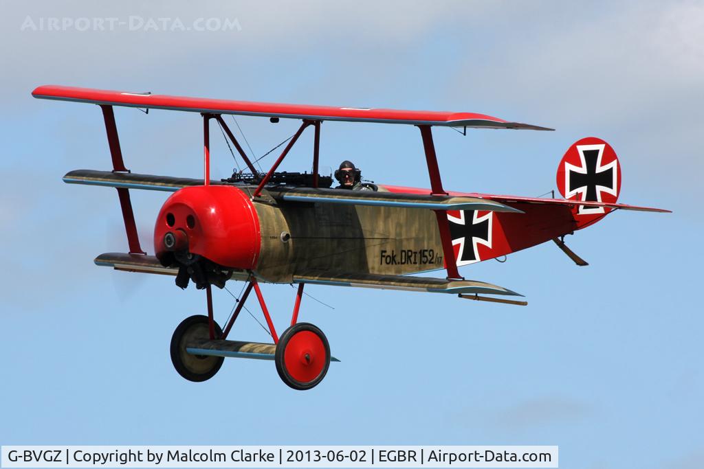 G-BVGZ, 1994 Fokker Dr.1 Triplane Replica C/N PFA 238-12654, Fokker DR1 Triplane Replica at The Real Aeroplane Company's Jolly June Jaunt, Breighton Airfield, 2013.