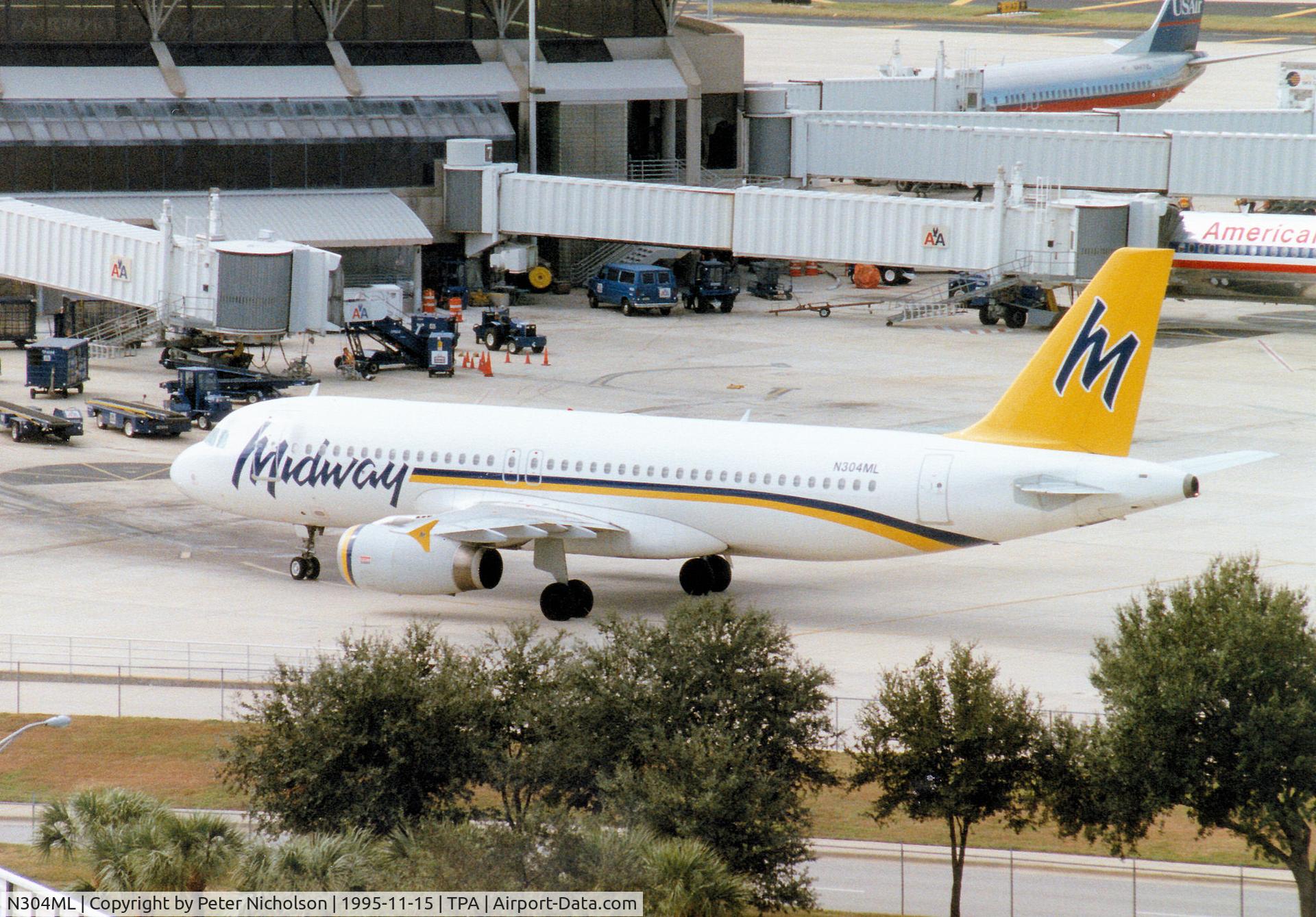 N304ML, 1993 Airbus A320-231 C/N 373, A320-231 of Midway Airlines arriving at Tampa in November 1995.