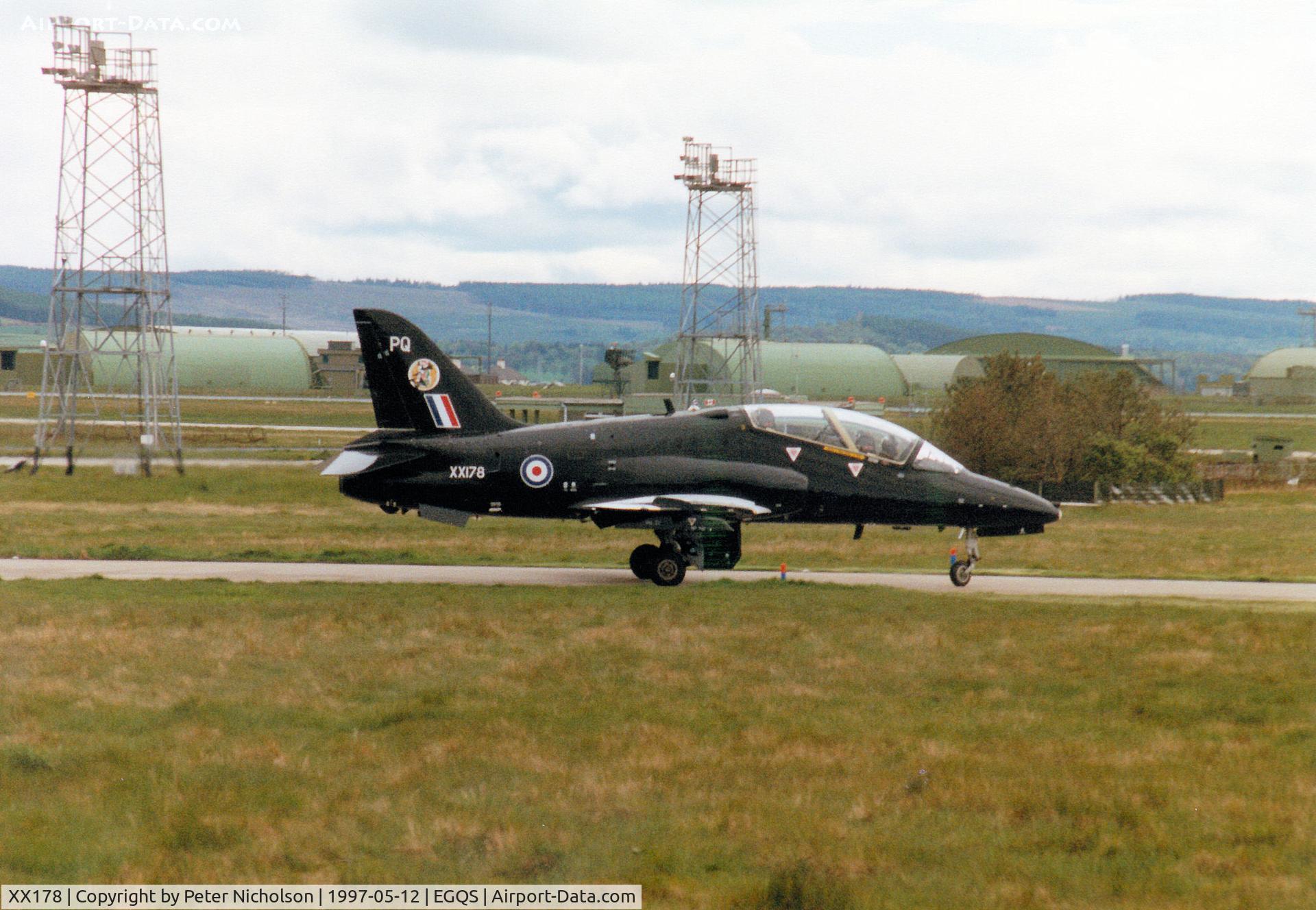 XX178, 1977 Hawker Siddeley Hawk T.1W C/N 025/312025, Hawk T.1 of 19[Reserve] Squadron at RAF Valley preparing to join Runway 23 at RAF Lossiemouth in May 1997.
