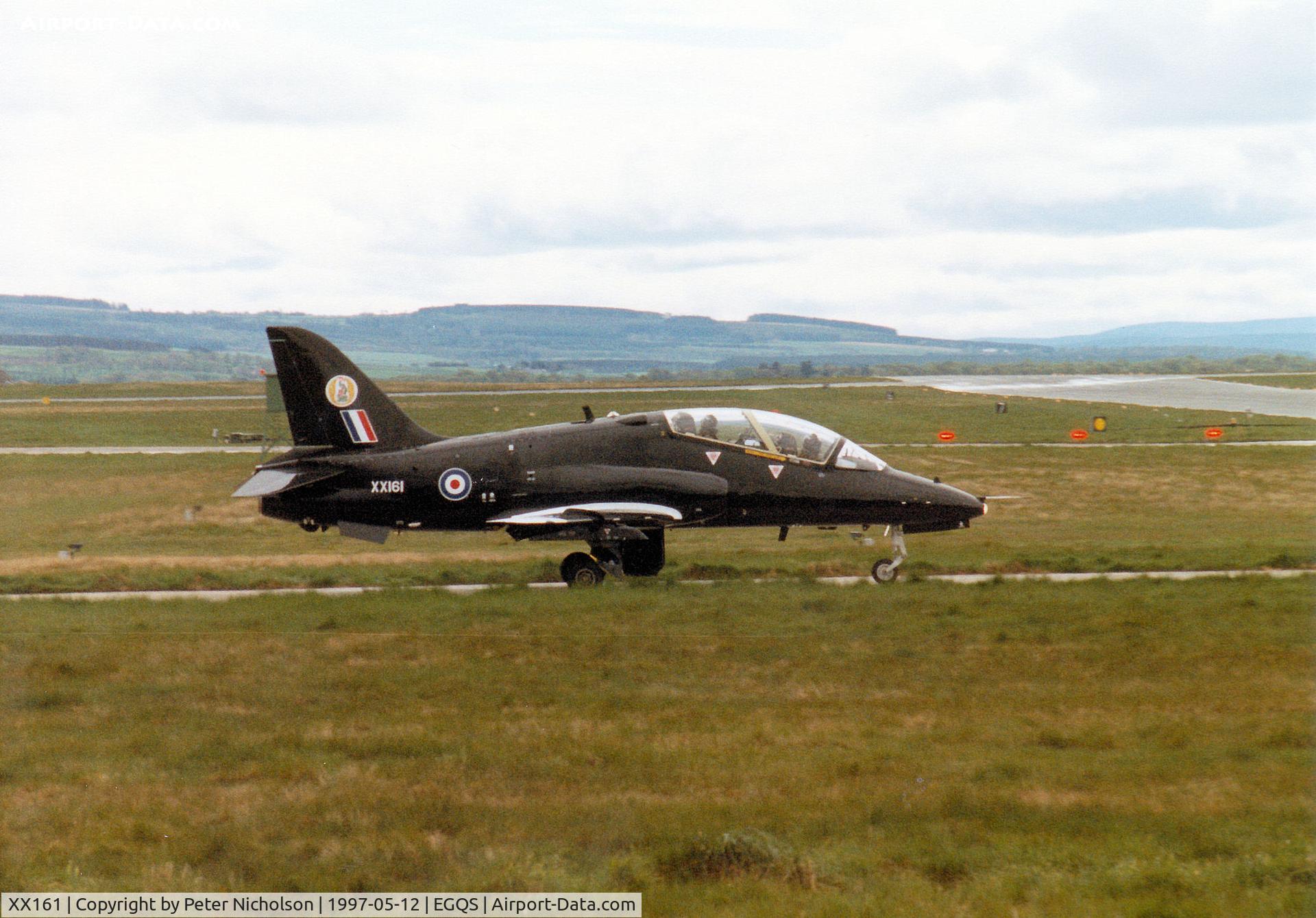 XX161, 1976 Hawker Siddeley Hawk T.1 C/N 007/312007, Hawk T.1 of 19[Reserve] Squadron at RAF Valley taxying to Runway 23 at RAF Lossiemouth in May 1997.