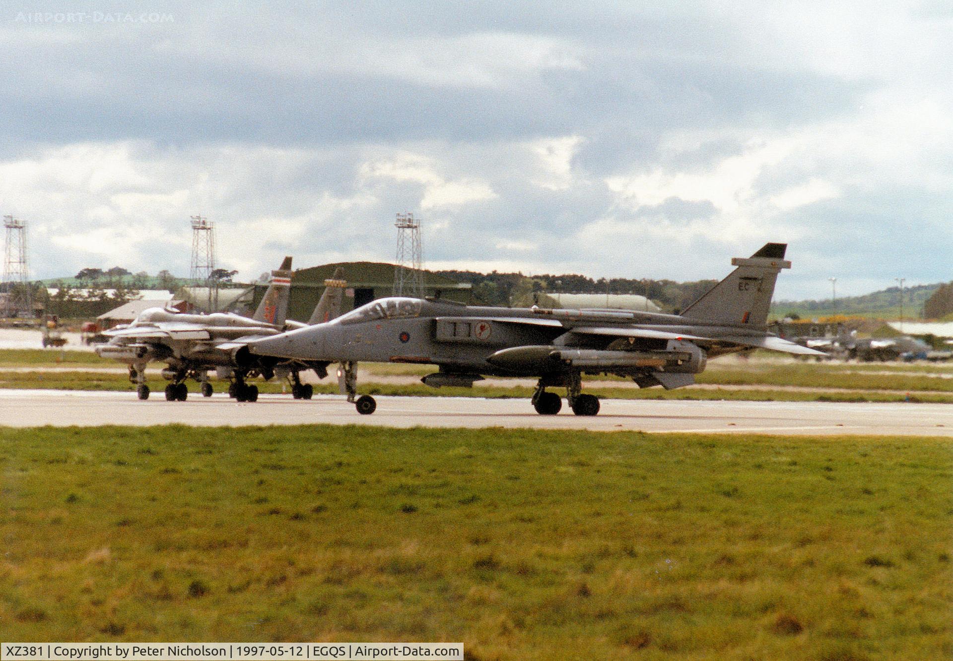 XZ381, 1977 Sepecat Jaguar GR.1A C/N S.146, Jaguar GR.1A of 6 Squadron at RAF Coltishall joining Runway 23 at RAF Lossiemouth in May 1997.