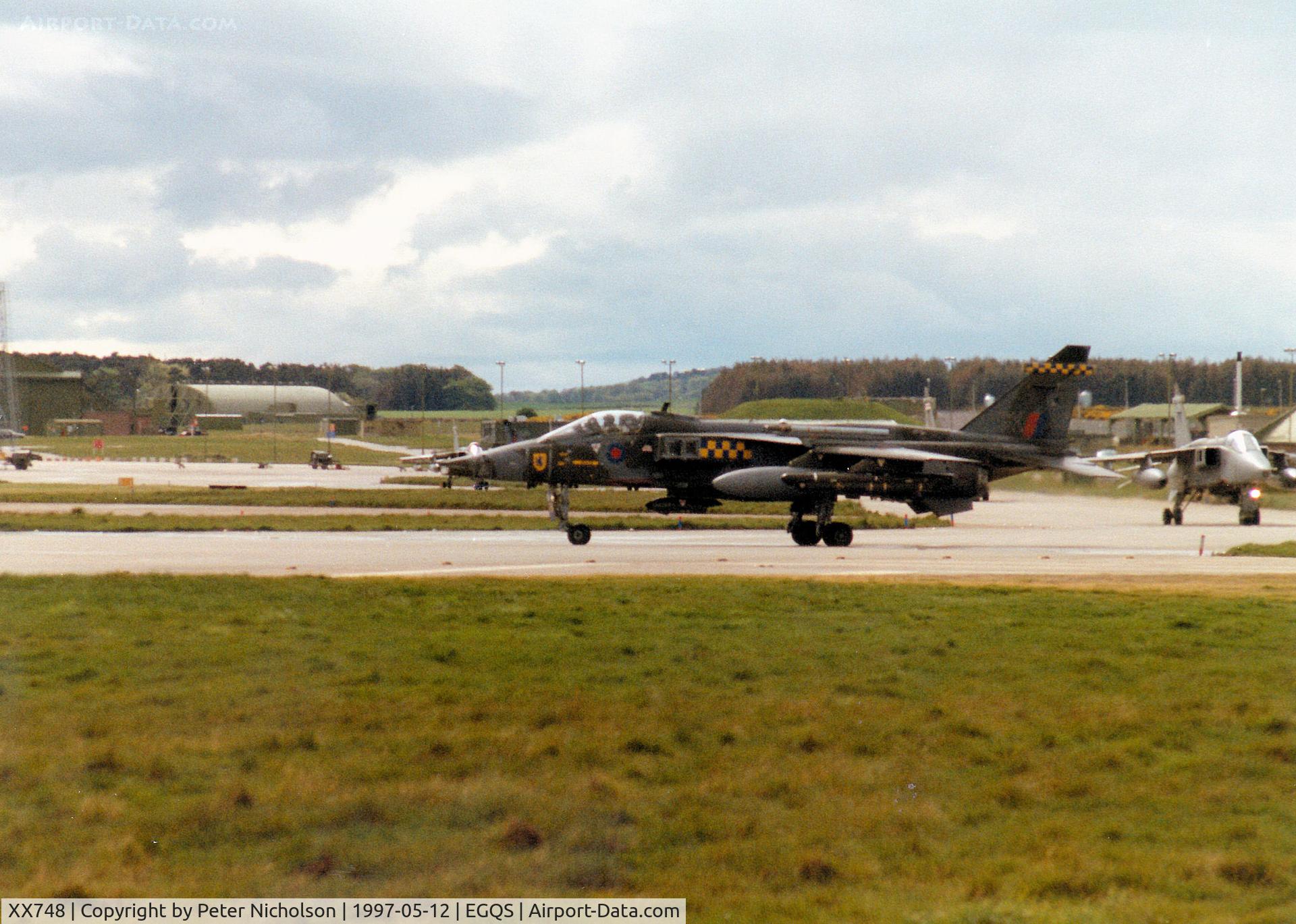 XX748, 1974 Sepecat Jaguar GR.1 C/N S.45, Jaguar GR.1 of 54 Squadron at RAF Coltishall joining Runway 23 at RAF Lossiemouth in May 1997.