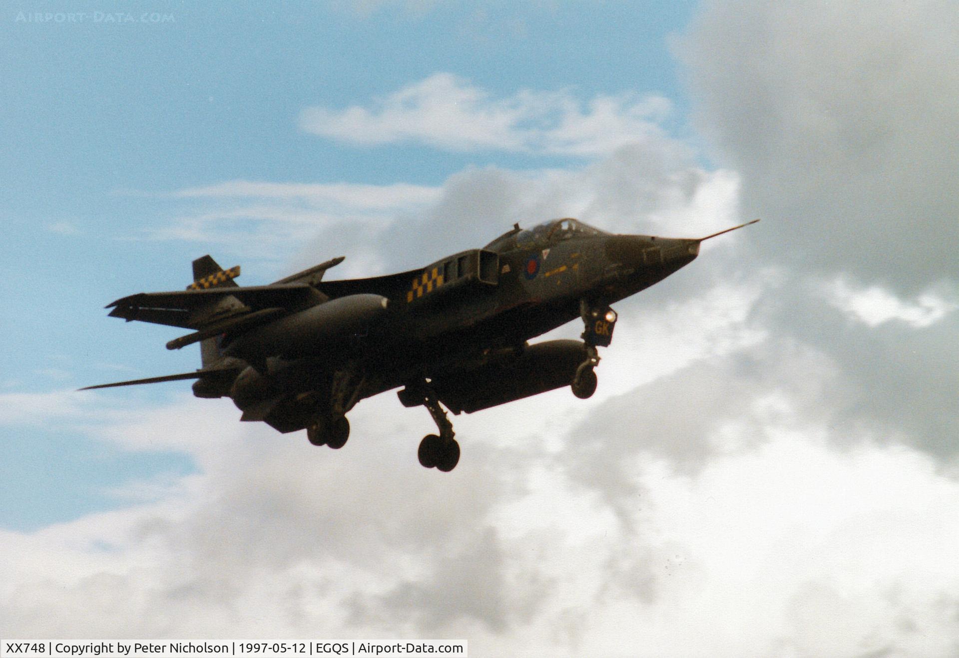 XX748, 1974 Sepecat Jaguar GR.1 C/N S.45, Jaguar GR.1 of 54 Squadron at RAF Coltishall returning to Runway 23 at RAF Lossiemouth after a mission in May 1997.