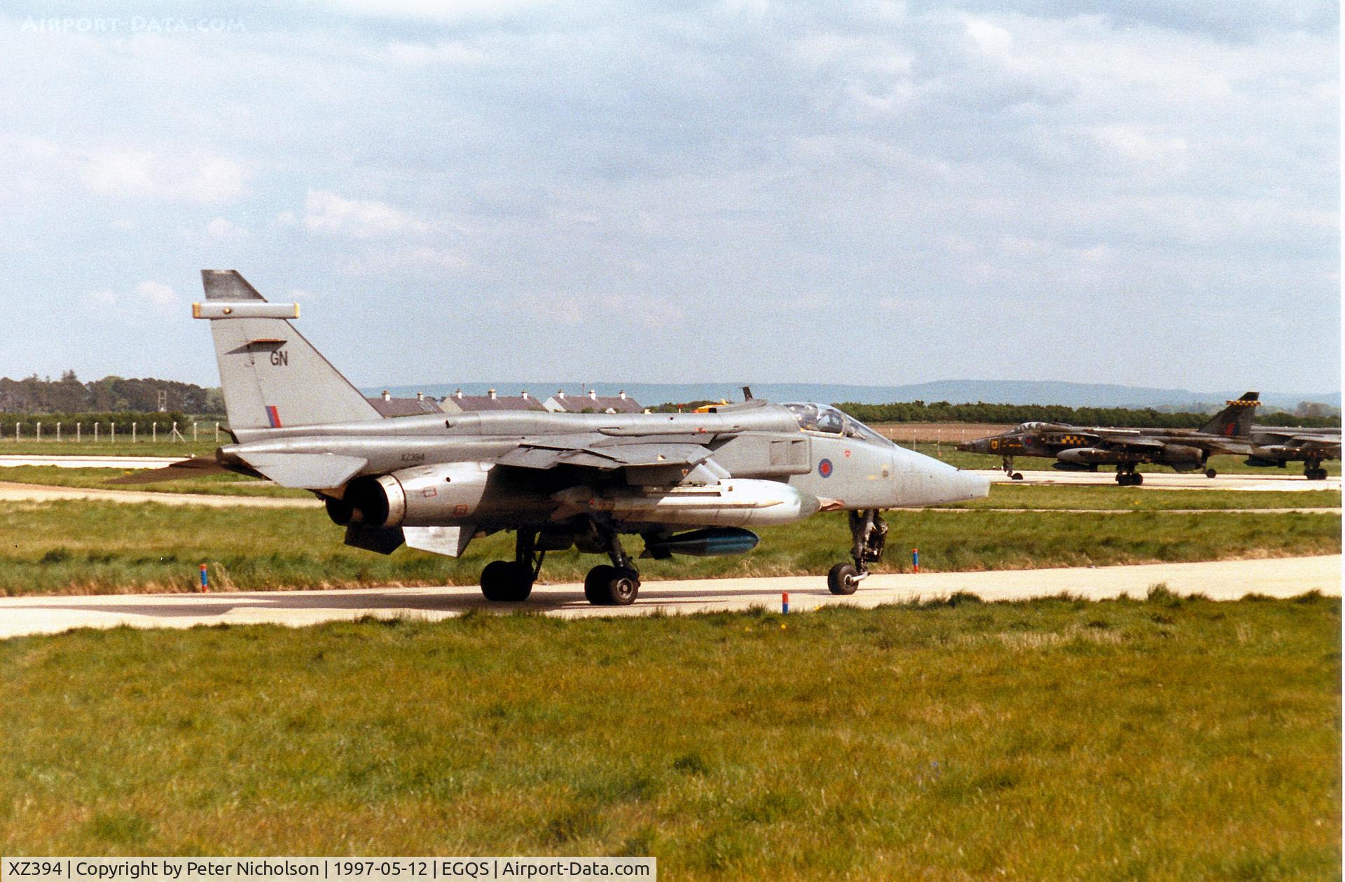 XZ394, 1977 Sepecat Jaguar GR.1A C/N S.159, Jaguar GR.1A of 54 Squadron at RAF Coltishall taxying to Runway 05 at RAF Lossiemouth in May 1997.