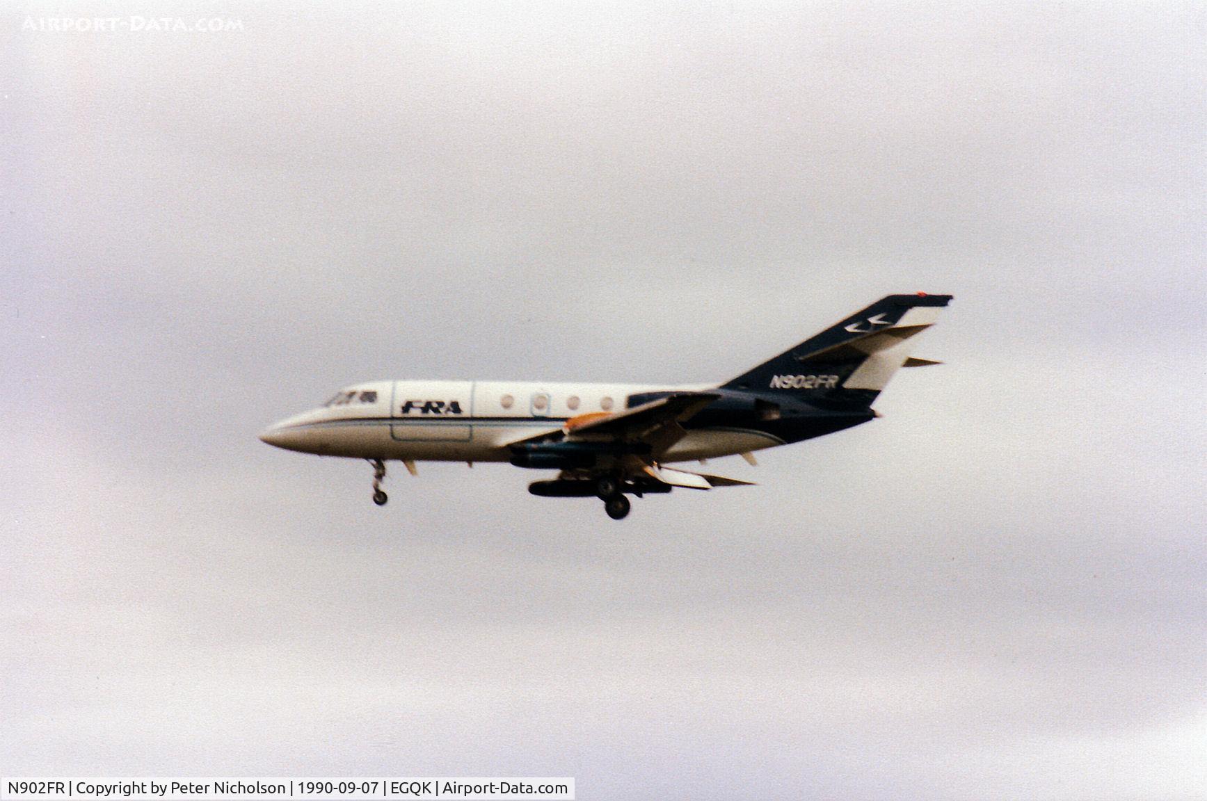 N902FR, 1968 Dassault Falcon (Mystere) 20DC C/N 132, Falcon 20DC of FRA on approach to RAF Kinloss in September 1990.