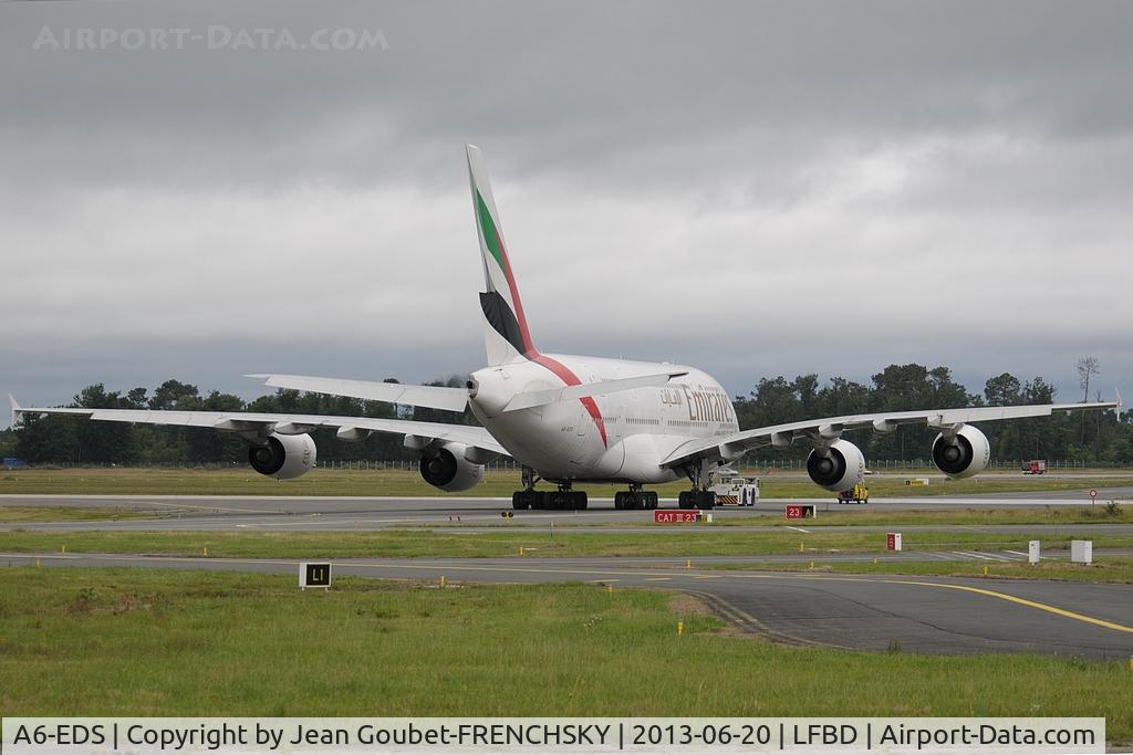 A6-EDS, 2011 Airbus A380-861 C/N 086, first landing for UAE3073 at BOD to Sabena Tecnics