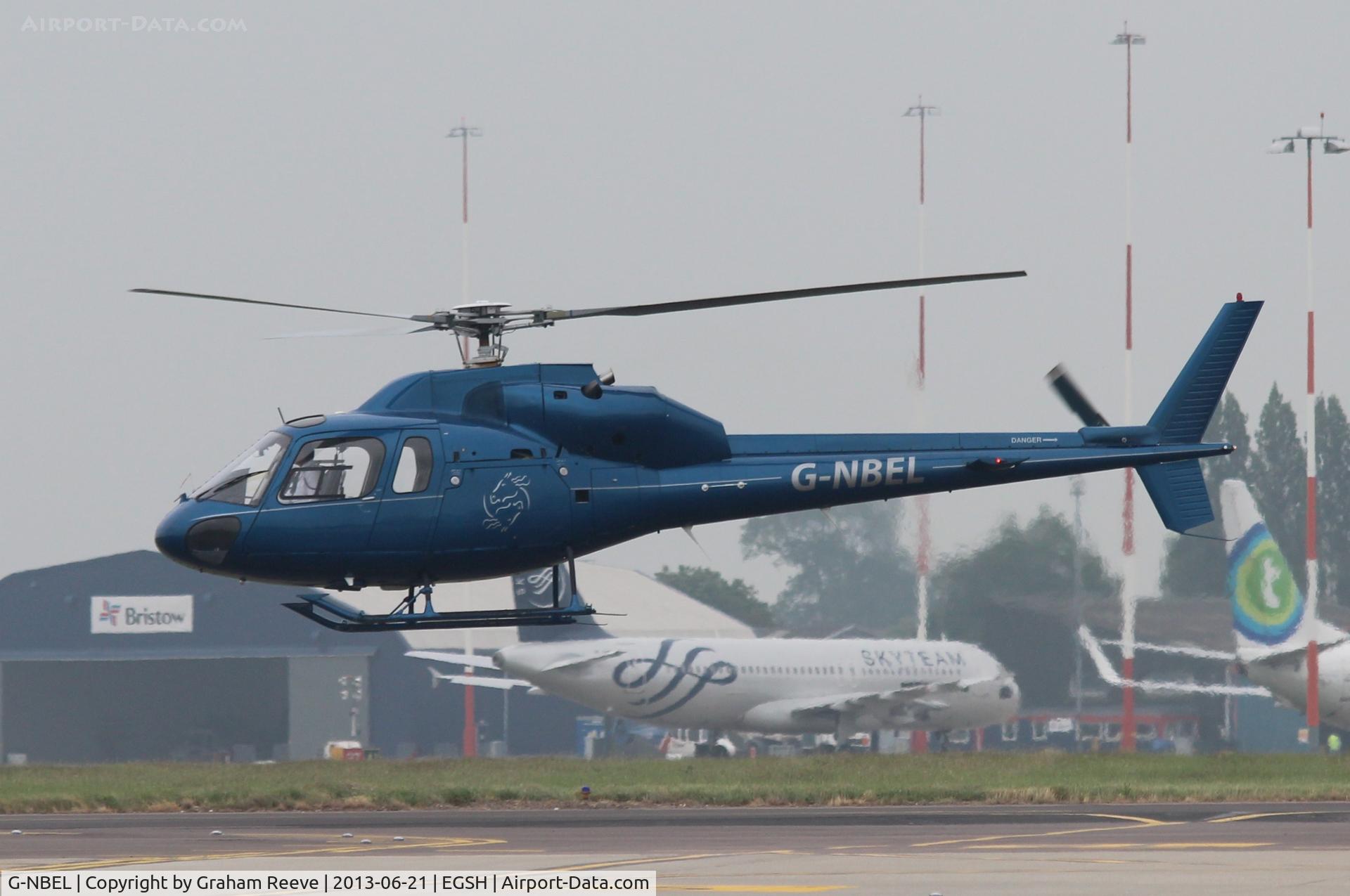 G-NBEL, 1983 Aerospatiale AS-355F-1 Ecureuil 2 C/N 5261, Departing Norwich.