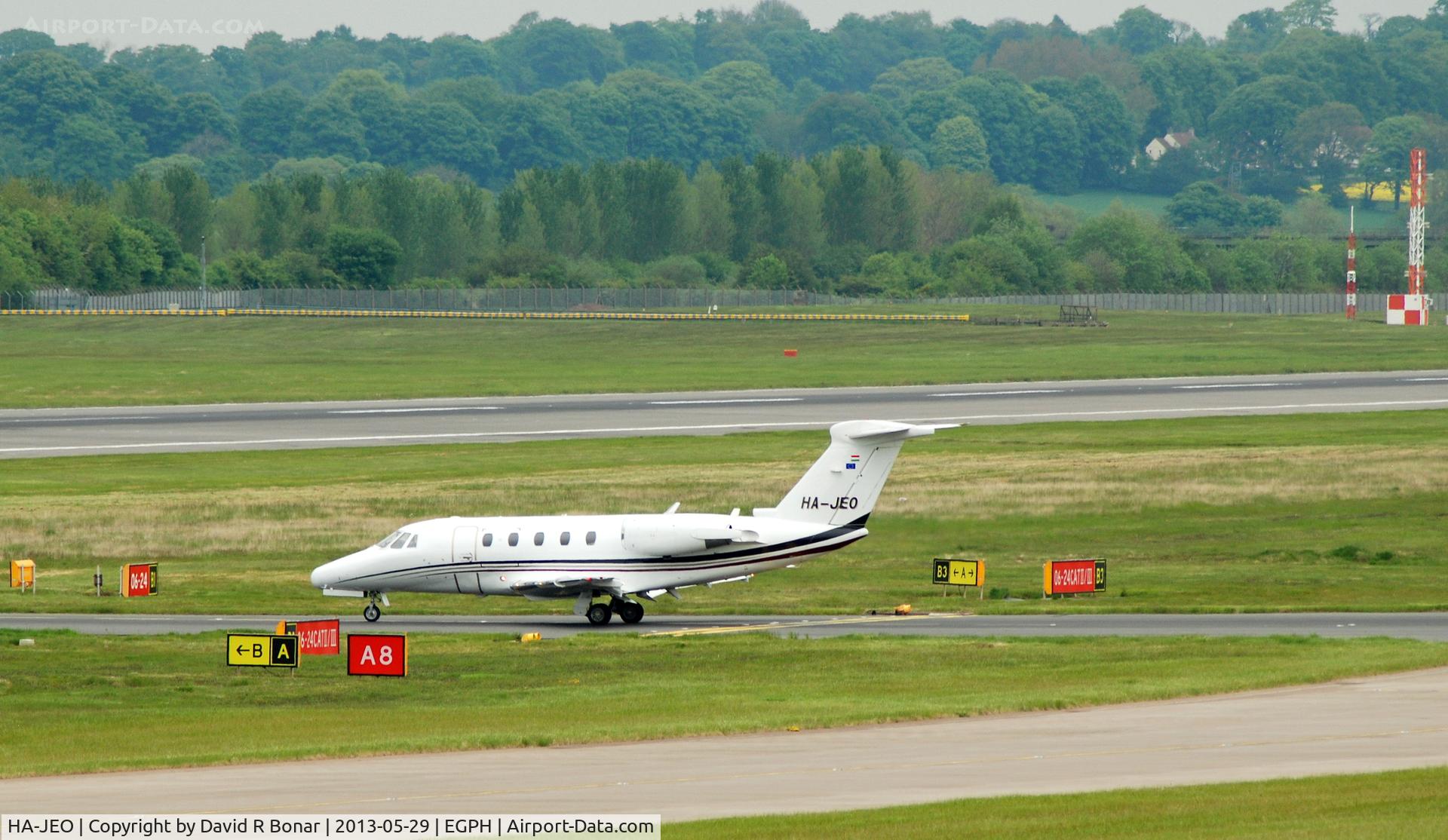 HA-JEO, 1987 Cessna 650 Citation III C/N 650-0142, Recent addition to Hungarian register, having previously flown under D-CRHR.
Seen here leaving Edinburgh via Bravo taxiway for a 06 departure.