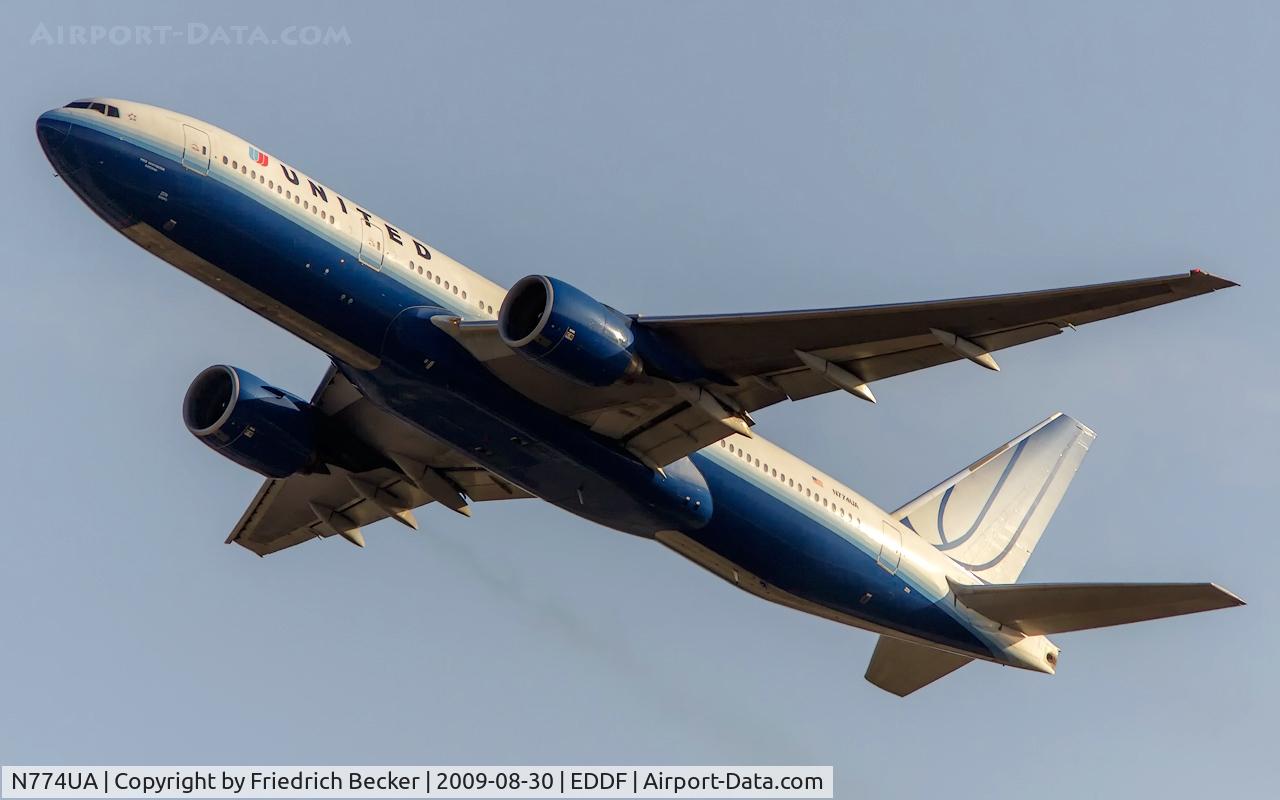 N774UA, 1996 Boeing 777-222 C/N 26936, departure from Frankfurt