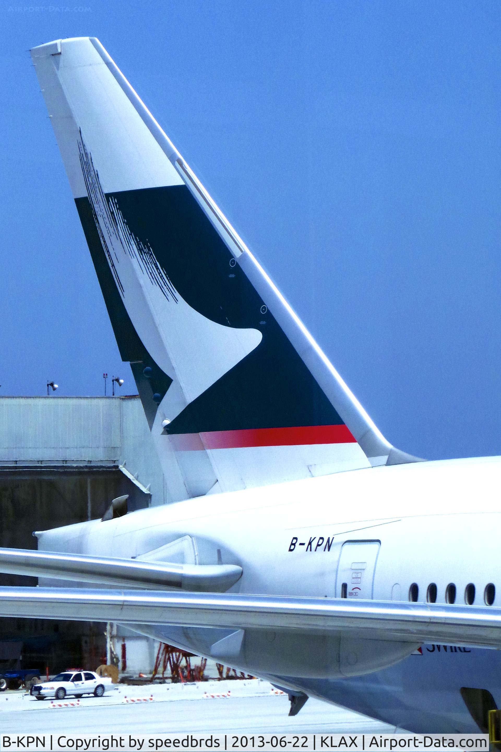B-KPN, 2009 Boeing 777-367/ER C/N 36165, Cathay Pacific 777-367ER Tail taken from inside the new Tom Bradley International Terminal on 