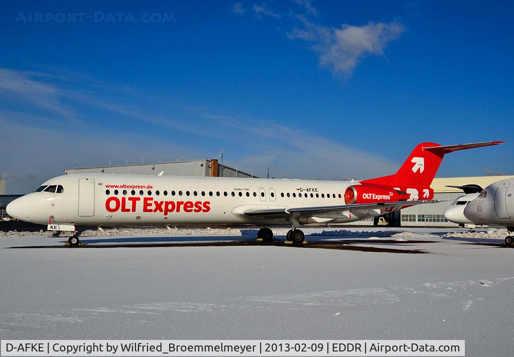 D-AFKE, 1995 Fokker 100 (F-28-0100) C/N 11505, Stored at EDDR/SCN after bankruptcy of OLT Express Germany.