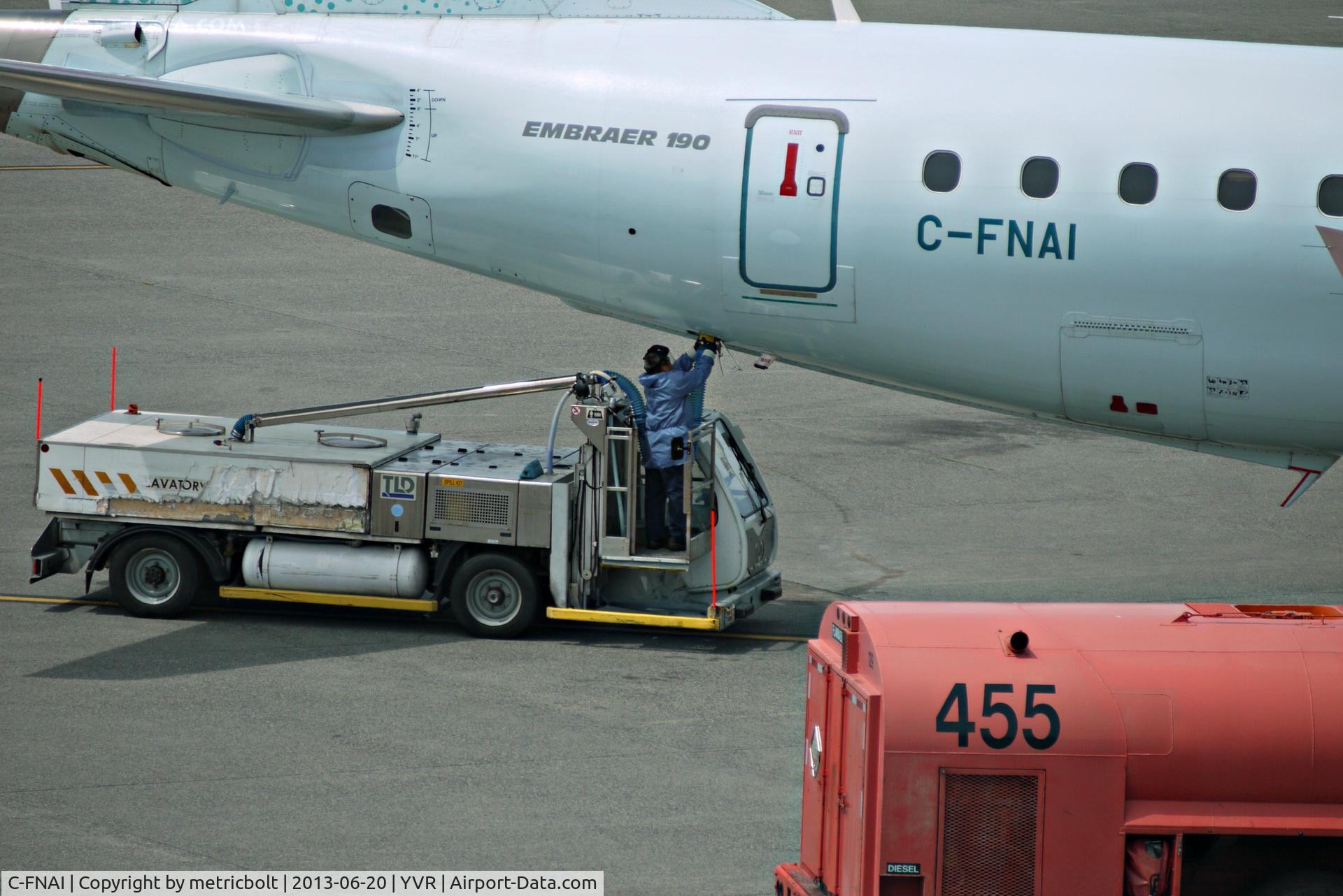 C-FNAI, 2007 Embraer 190AR (ERJ-190-100IGW) C/N 19000132, Toilet servicing at YVR