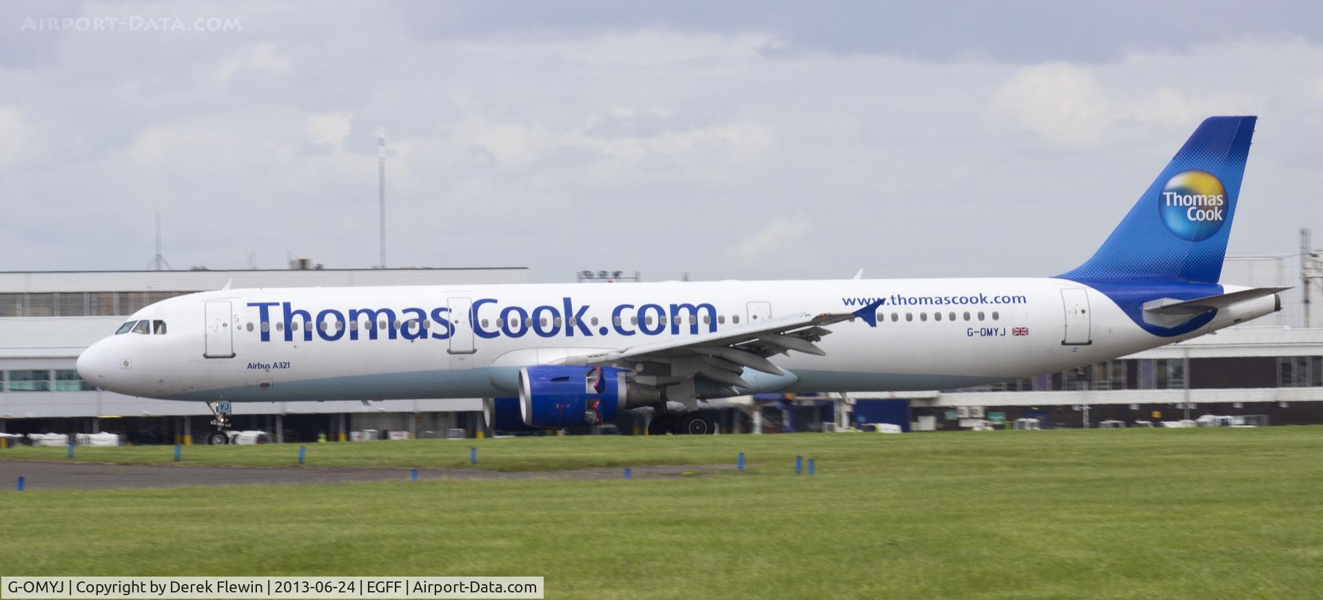 G-OMYJ, 1997 Airbus A321-211 C/N 677, Thomas Cook Airbus A321, cs Kestrel 27EZ, inbound from Reus, showing open reverse thruster doors.