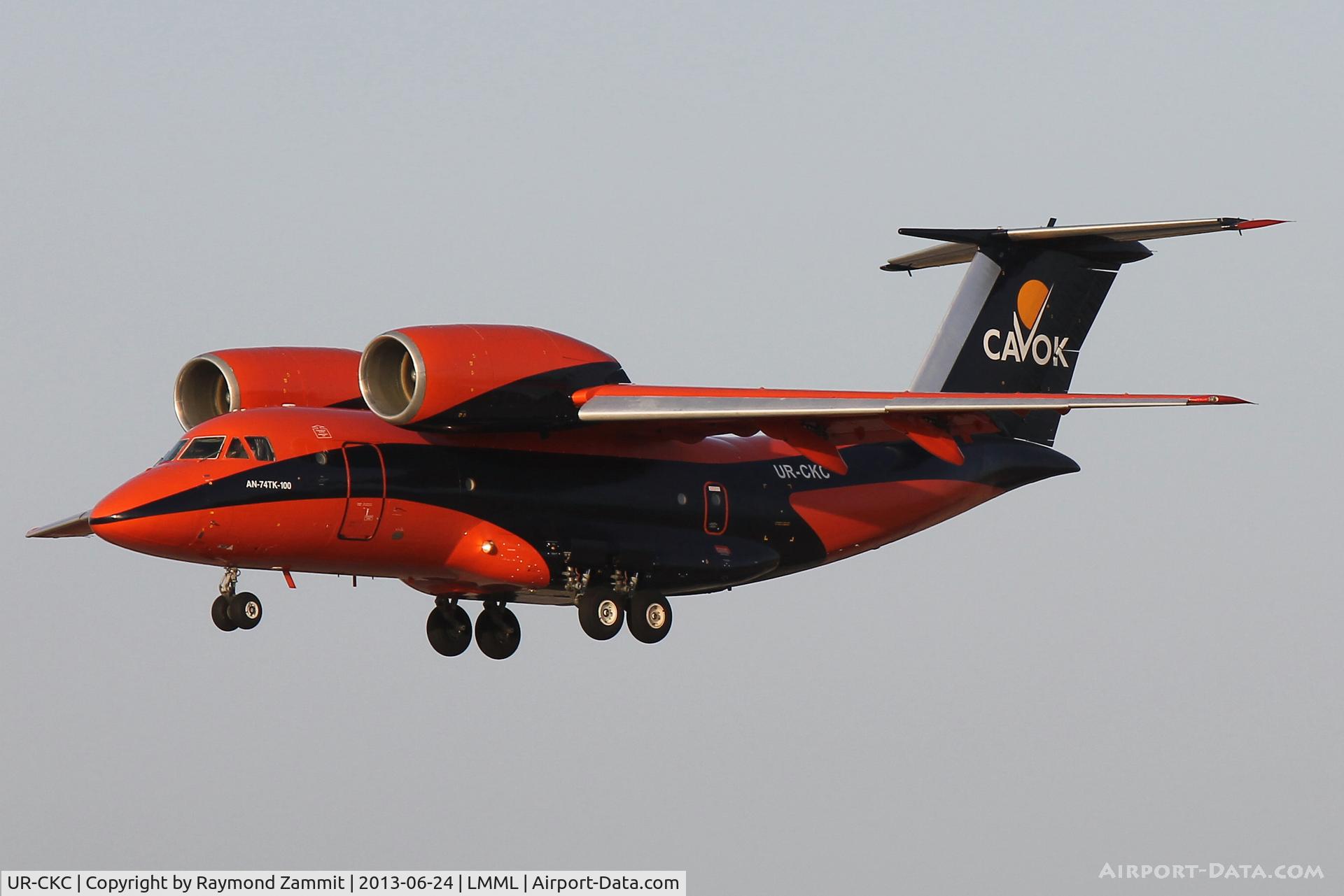 UR-CKC, Antonov An-74TK-100 C/N 36547095905, Antonov An74 UR-CKC of Cavok Air on a very rare visit seen landing in Malta on 24th June 13.