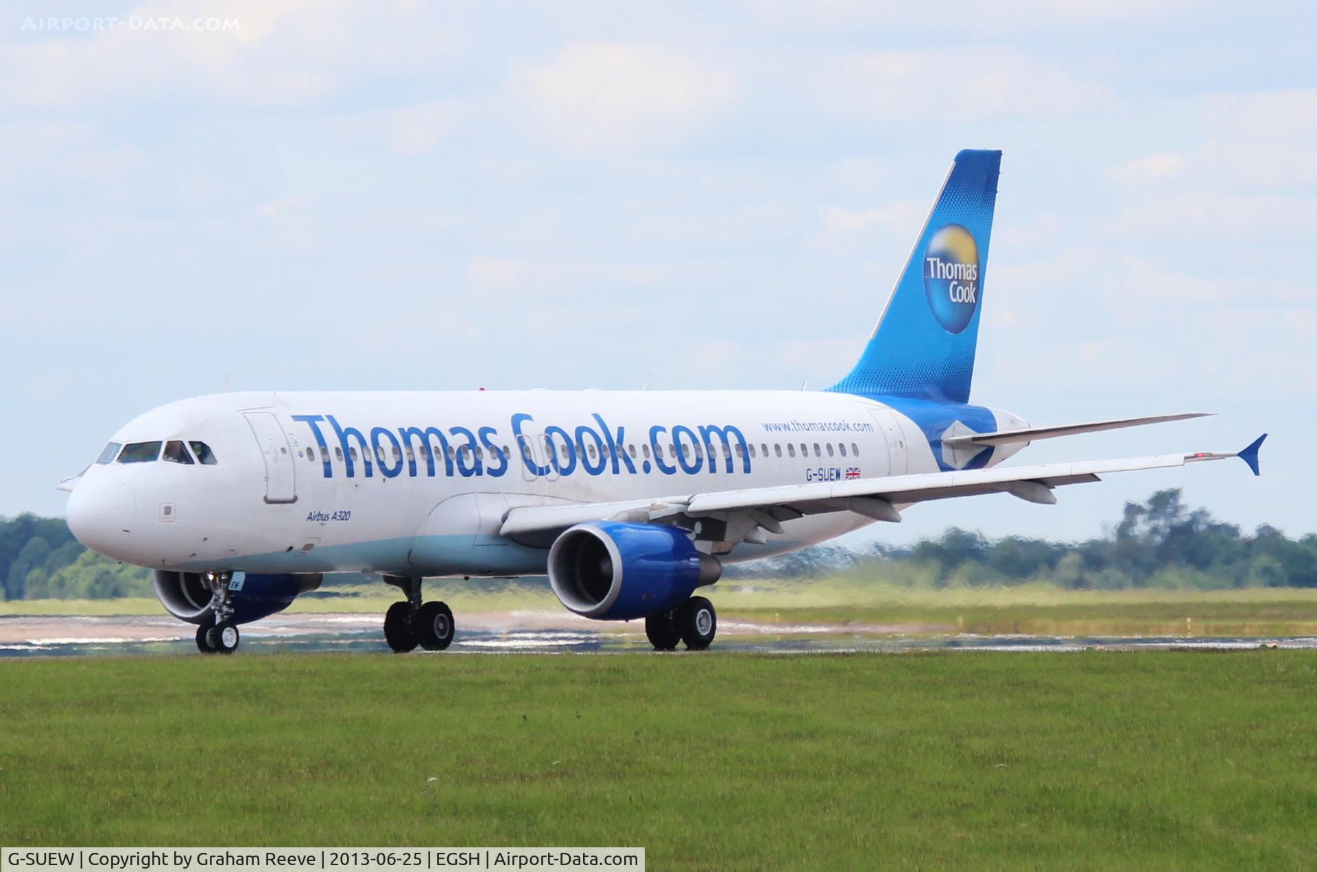 G-SUEW, 2003 Airbus A320-214 C/N 1961, On the end of runway 27 and about to turn to depart.