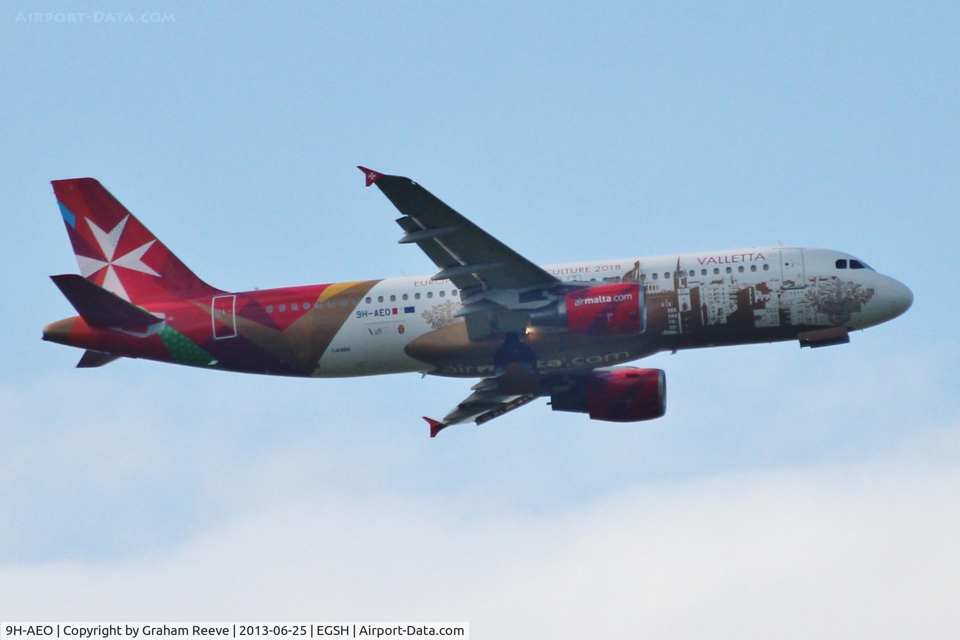 9H-AEO, 2006 Airbus A320-214 C/N 2768, On approach to land at Norwich.